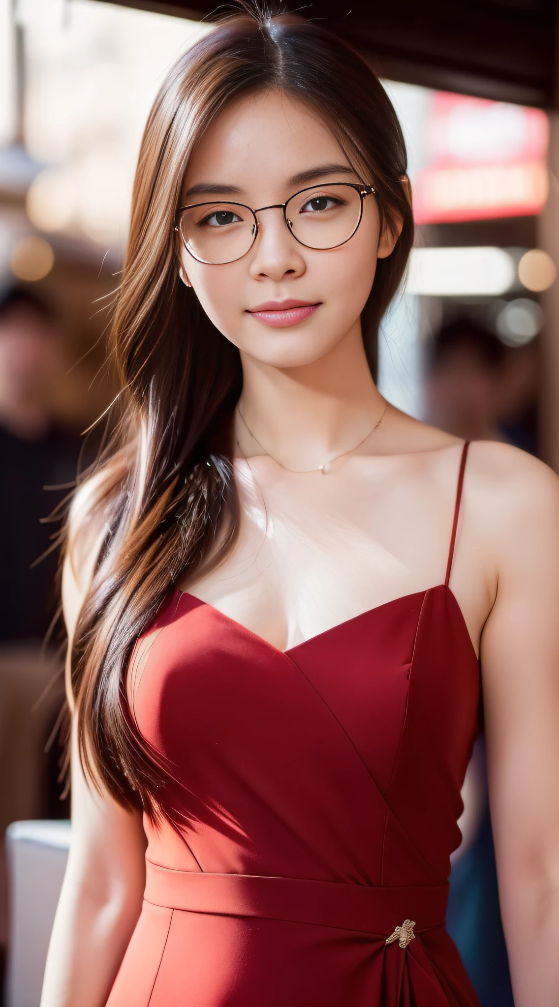 ((Realistic lighting, Best quality, 8K, Masterpiece: 1.3)), Clear focus: 1.2, 1girl, With Glasses, Perfect Body Beauty: 1.4, Slim Abs: 1.1, ((Dark Brown Hair, Medium Breasts: 1.3)), (Red Chinese Dress: 1.4), (Chinatown, Day: 1.1), City Street, Super Fine Face, Fine Eyes, Double Eyelids