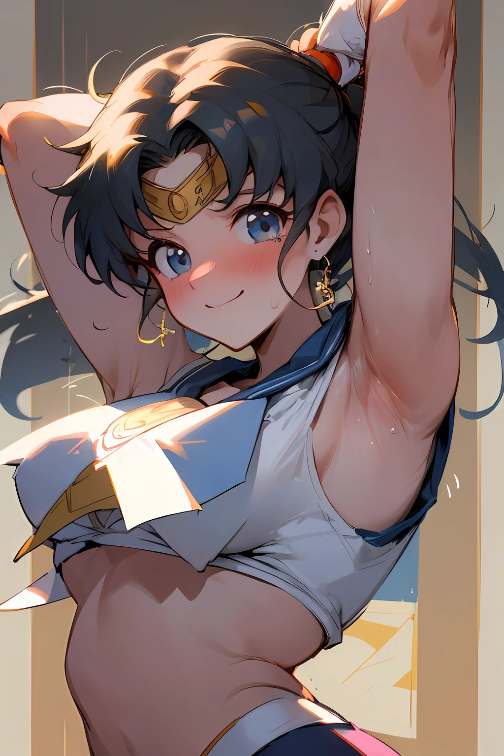 Masterpiece, Hyper Quality, Hyper Detail, Perfect Drawing, 1 Beauty, Smile, Good Light, Blush, Armpit Sweat, Bust Up, Portrait, Sporty, Active, Sportswear, Sports Bra, Leggings Pants (0.7), Playground, Toned Body, Arms Raised and Spread Wide, Armpit Hair, (Sailor Moon Action Pose: 1.3)