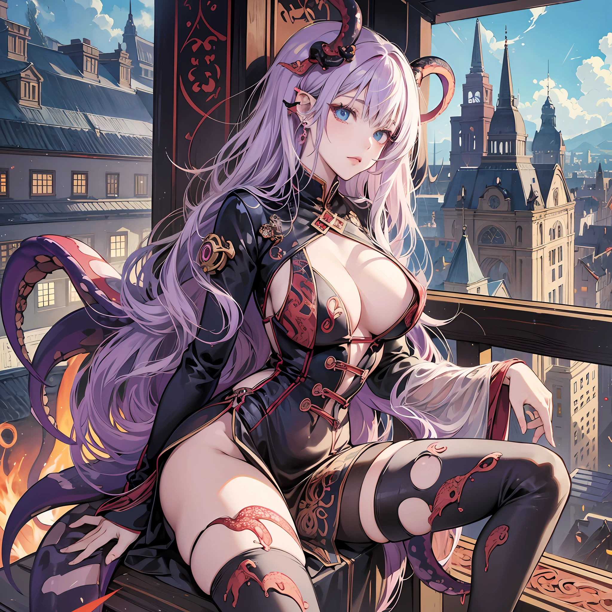 An anime girl sitting on a ledge with a bunch of demonic creatures, tentacles around and fine details. Anime. tentacles, anime monster girl, tentacle covered, worm, demon beast, demon anime girl, seductive anime girl