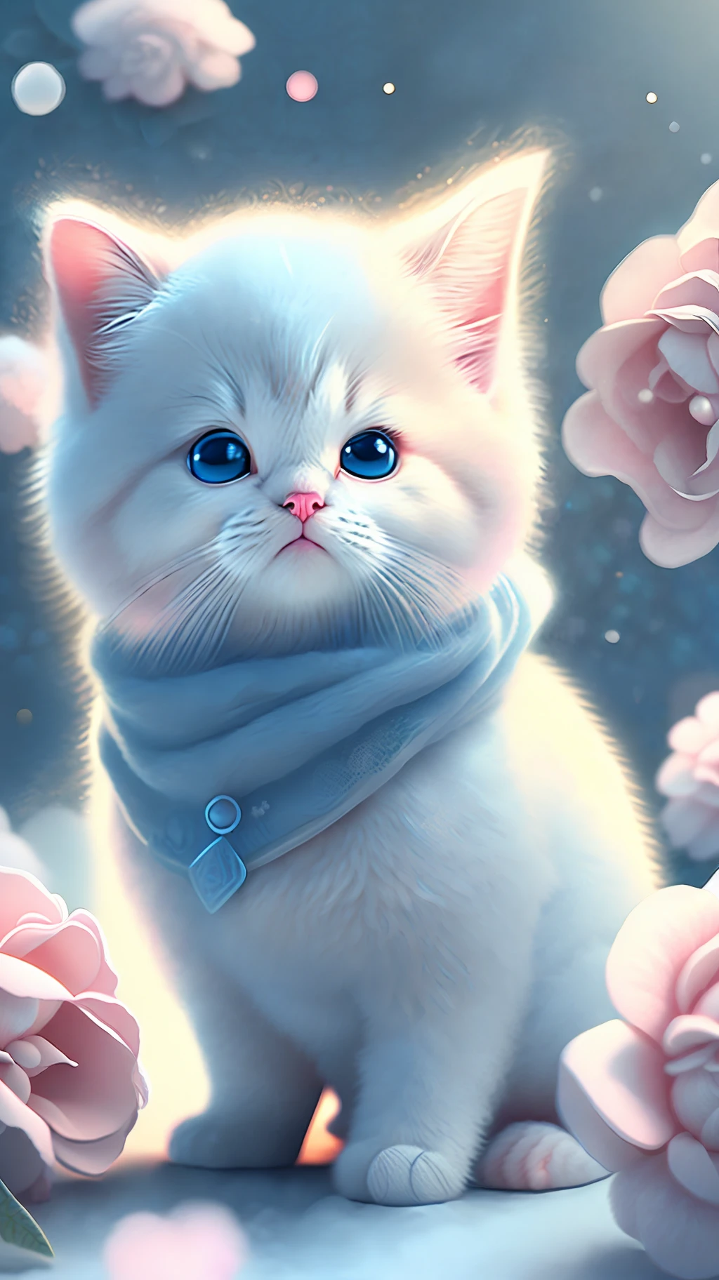 In this ultra-detailed CG art, cute kittens surrounded by ethereal roses, laughter, best quality, high resolution, intricate details, fantasy, cute animals, open mouths, laugh!!