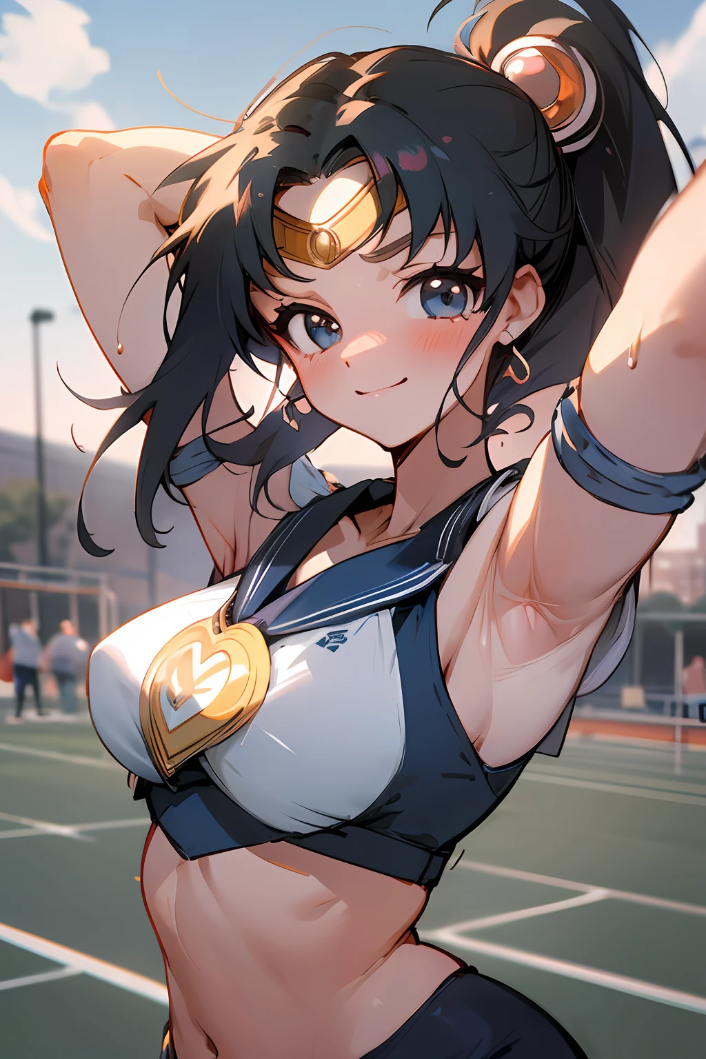 Masterpiece, Hyper Quality, Hyper Detail, Perfect Drawing, 1 Beauty, Smile, Good Light, Blush, Armpit Sweat, Bust Up, Portrait, Sporty, Active, Sportswear, Sports Bra, Leggings Pants (0.7), Playground, Toned Body, Arms Raised and Spread Wide, Armpit Hair, (Sailor Moon Action Pose: 1.3)
