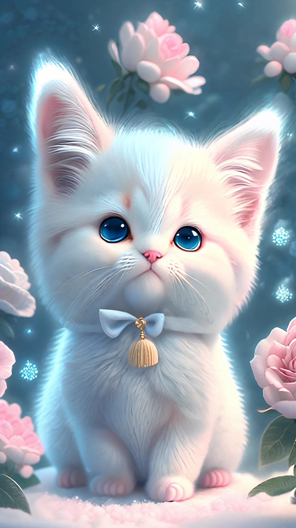 In this ultra-detailed CG art, cute kittens surrounded by ethereal roses, laughter, best quality, high resolution, intricate details, fantasy, cute animals, open mouths, laugh!!