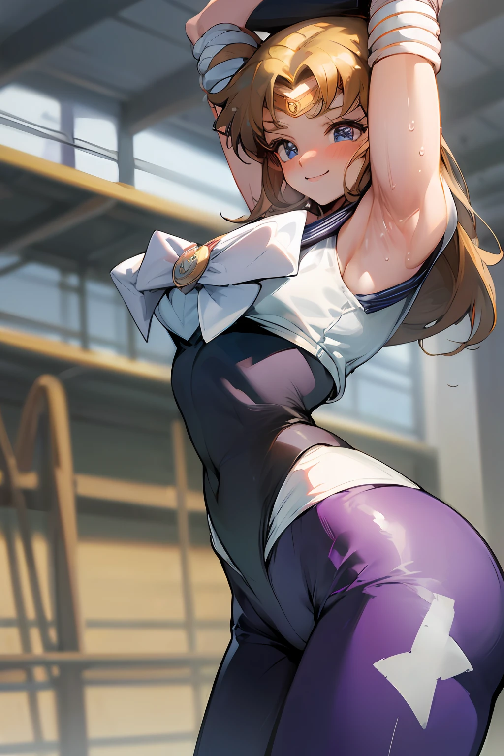 Masterpiece, Hyper Quality, Hyper Detail, Perfect Drawing, 1 Beauty, Smile, Good Light, Blush, Armpit Sweat, Bust Up, Portrait, Sporty, Active, Sportswear, Sports Bra, Leggings Pants (0.7), Playground, Toned Body, Arms Raised and Spread Wide, Armpit Hair, (Sailor Moon Action Pose: 1.3)