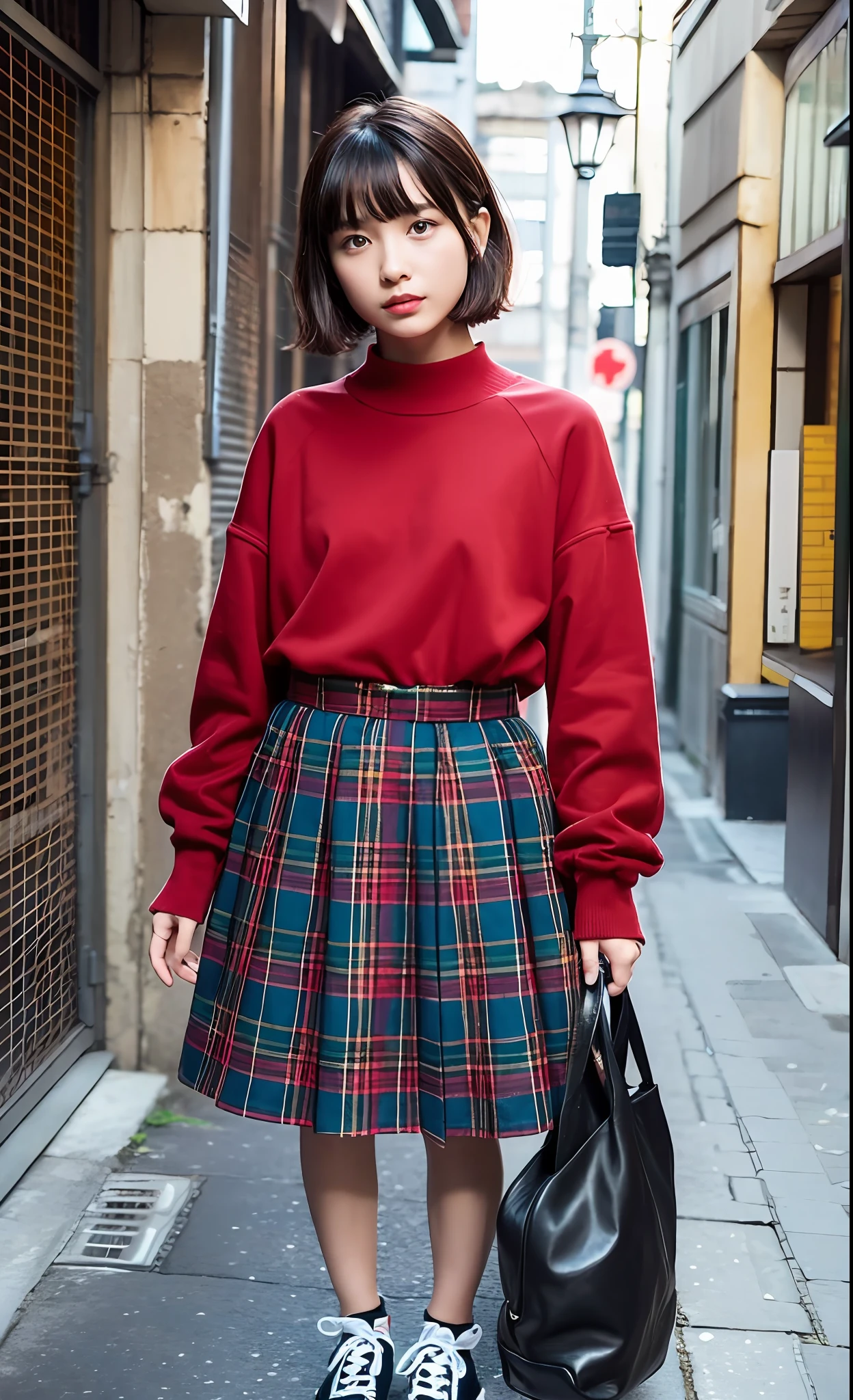 The scenery is a street lined with clothes stores. Meanwhile, a young girl is standing. She wears a red Fred Perry A-line dress. On her feet, she wears black Converse sneakers. Her hair is a short bob cut with thick bangs, which are aligned. The girl is looking around with a curious expression and seems to be preparing for a new adventure. With details that are exquisitely reproduced down to the smallest detail, please express her expression and even the texture of the fabric of the clothes. In the highest quality, draw a full-length picture of her as a fashionable, fashion snap model.