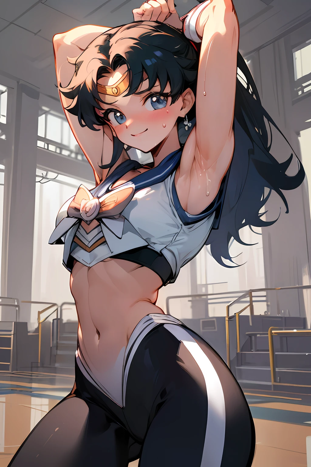 Masterpiece, Hyper Quality, Hyper Detail, Perfect Drawing, 1 Beauty, Smile, Good Light, Blush, Armpit Sweat, Bust Up, Portrait, Sporty, Active, Sportswear, Sports Bra, Leggings Pants (0.7), Playground, Toned Body, Arms Raised and Spread Wide, Armpit Hair, (Sailor Moon Action Pose: 1.3)