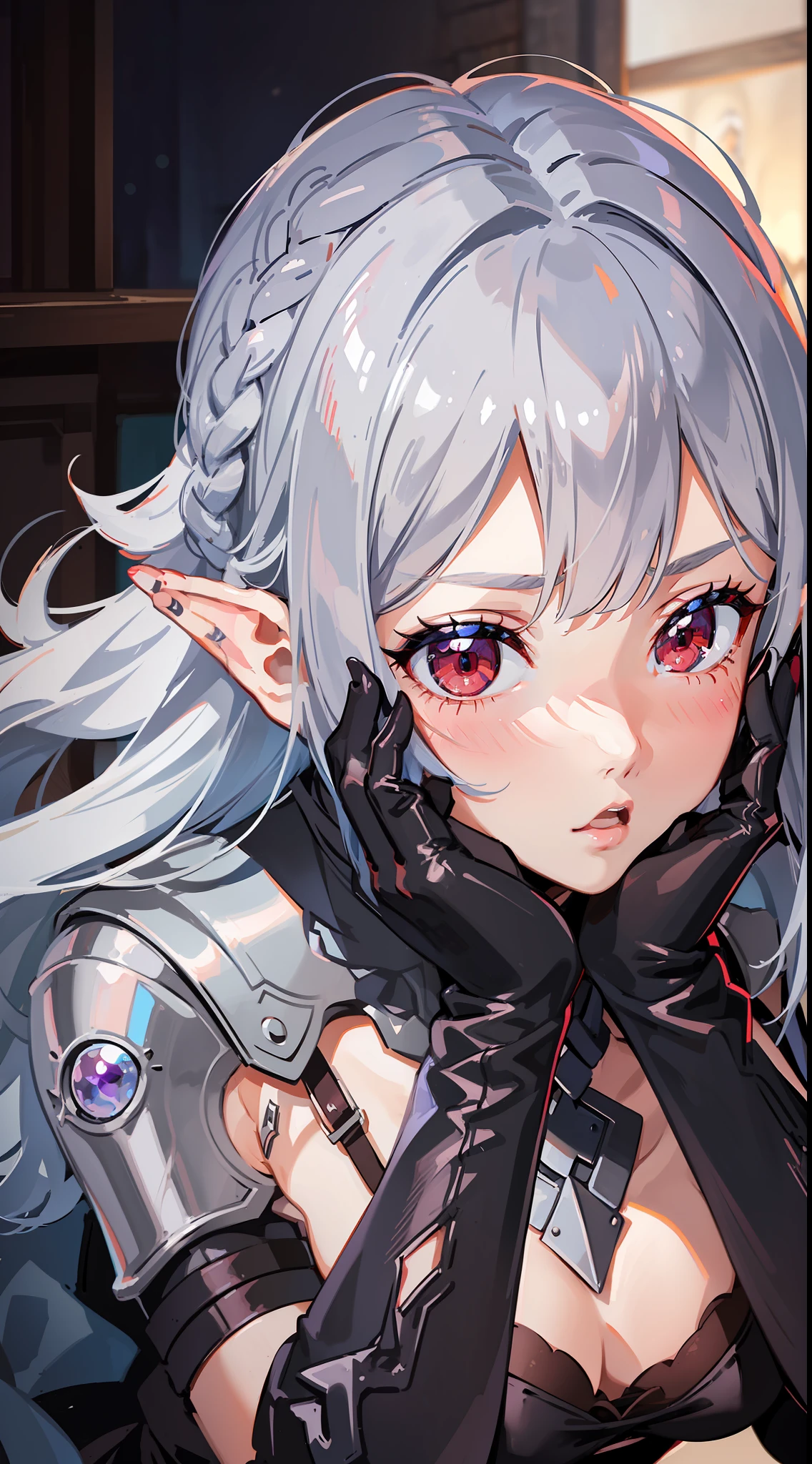 1 Girl close-up, elf, silver hair, red eyes, bob cut, braid, ((facing forward)), ((putting both hands on their face)), (surprised), (blush), leather armor, adventurer-style costume, indoors, kneeling, concept art, beautiful anime scene, beautiful anime scenery, top rating on pixiv, top quality, 4K