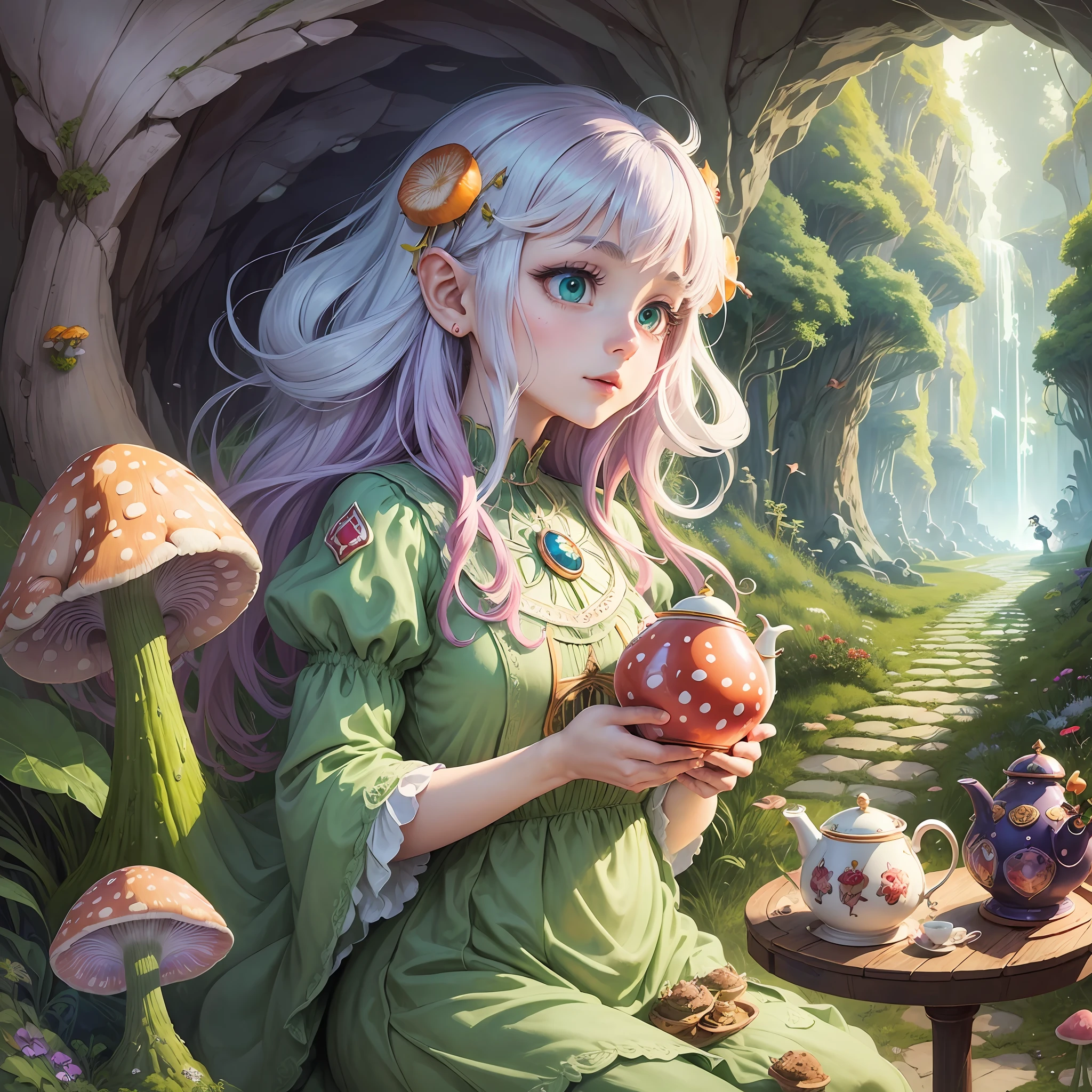 Watercolor drawing, Computer visualized graphics, realistic fantasy, anime, clamp, chobits, cartoon character in the form of a fly agaric mushroom, Disney, cartoon characters, Extensive landscape ultra photography (general view, which shows, glra, cave, passage, tunnel, labyrinth duet, fly agaric, mushrooms, cute cartoon face, big eyes, nose with a cortoshka, mouth, cartoon hands and legs, set, tray, drink tea, actions in the form of pouring tea),  blurred background, gloomy, yellow, green, purple background, pink, warm, magic