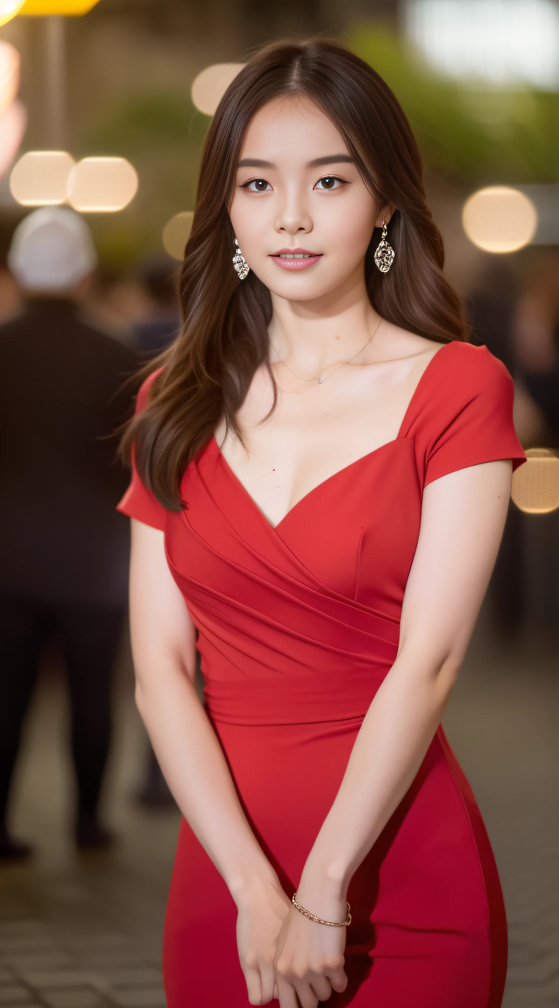 ((Realistic lighting, Best quality, 8K, Masterpiece: 1.3)), Clear focus: 1.2, 1girl, Perfect Body Beauty: 1.4, Slim Abs: 1.1, ((Dark Brown Hair, Big Breasts: 1.3)), (Red Dress: 1.4), (Outdoor, Night: 1.1), City Street, Super Fine Face, Fine Eyes, Double Eyelids