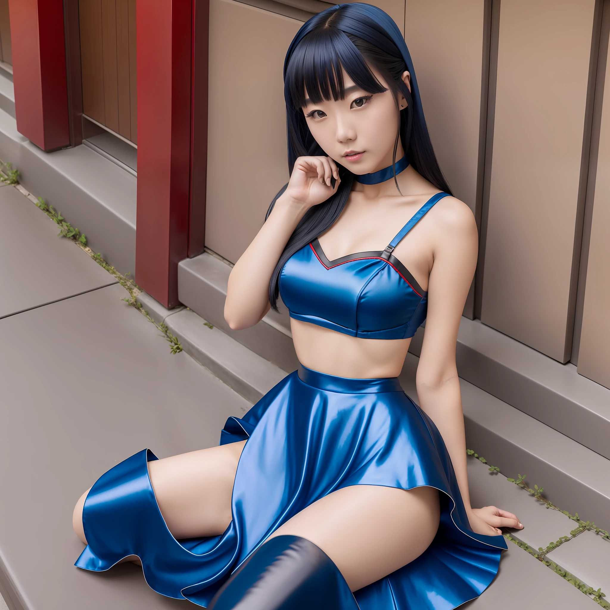 Beautiful Japanese model, blue satin skater skirt, red silk bra, black leather boots, 8k, photo, real --auto --s2
