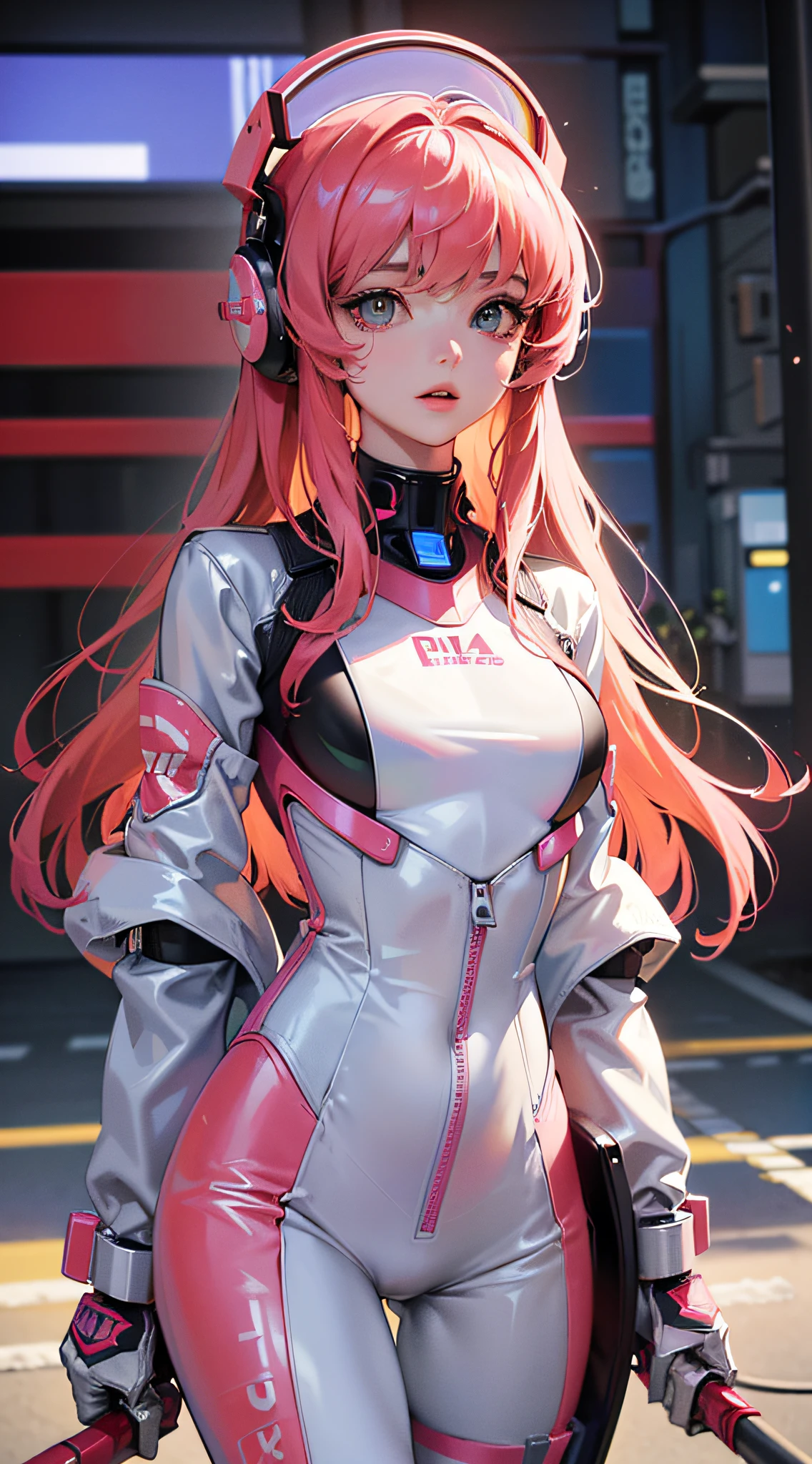 Highest image quality, outstanding details, ultra-high resolution, (realism: 1.4), the best illustration, favor details, highly condensed 1girl, with a delicate and beautiful face, wearing a pink mech, wearing a mecha helmet, holding a direction controller, riding on a motorcycle, the background is a high-tech lighting scene of the future city.