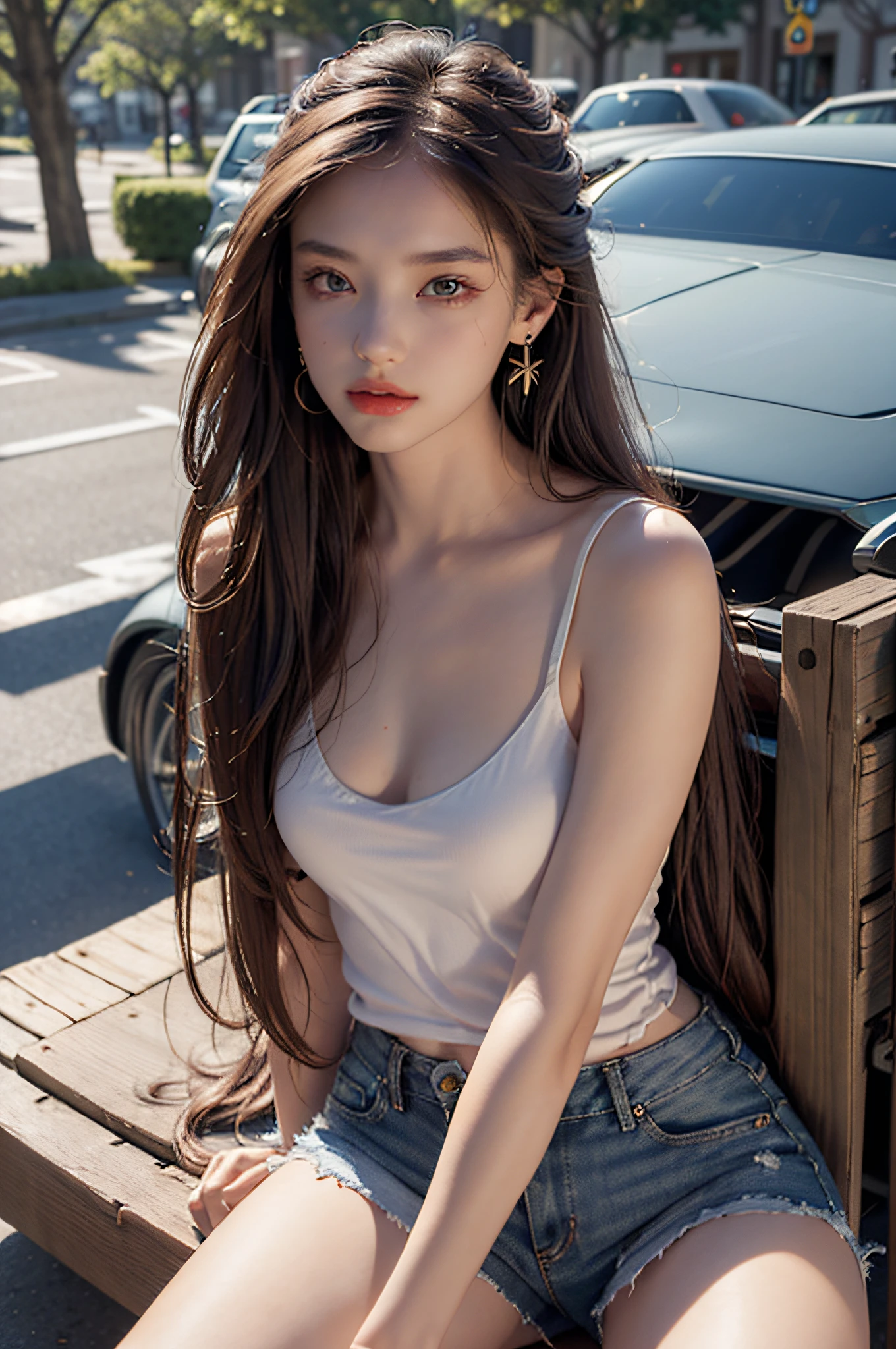Best quality, masterpiece, super high resolution, (realistic: 1.4), original photo, (evening street), 1 girl, black eyes, looking at the audience, long hair, light makeup, lips, small ears, white t-shirt, denim shorts, earrings, sitting Ferrari, big breasts, slim