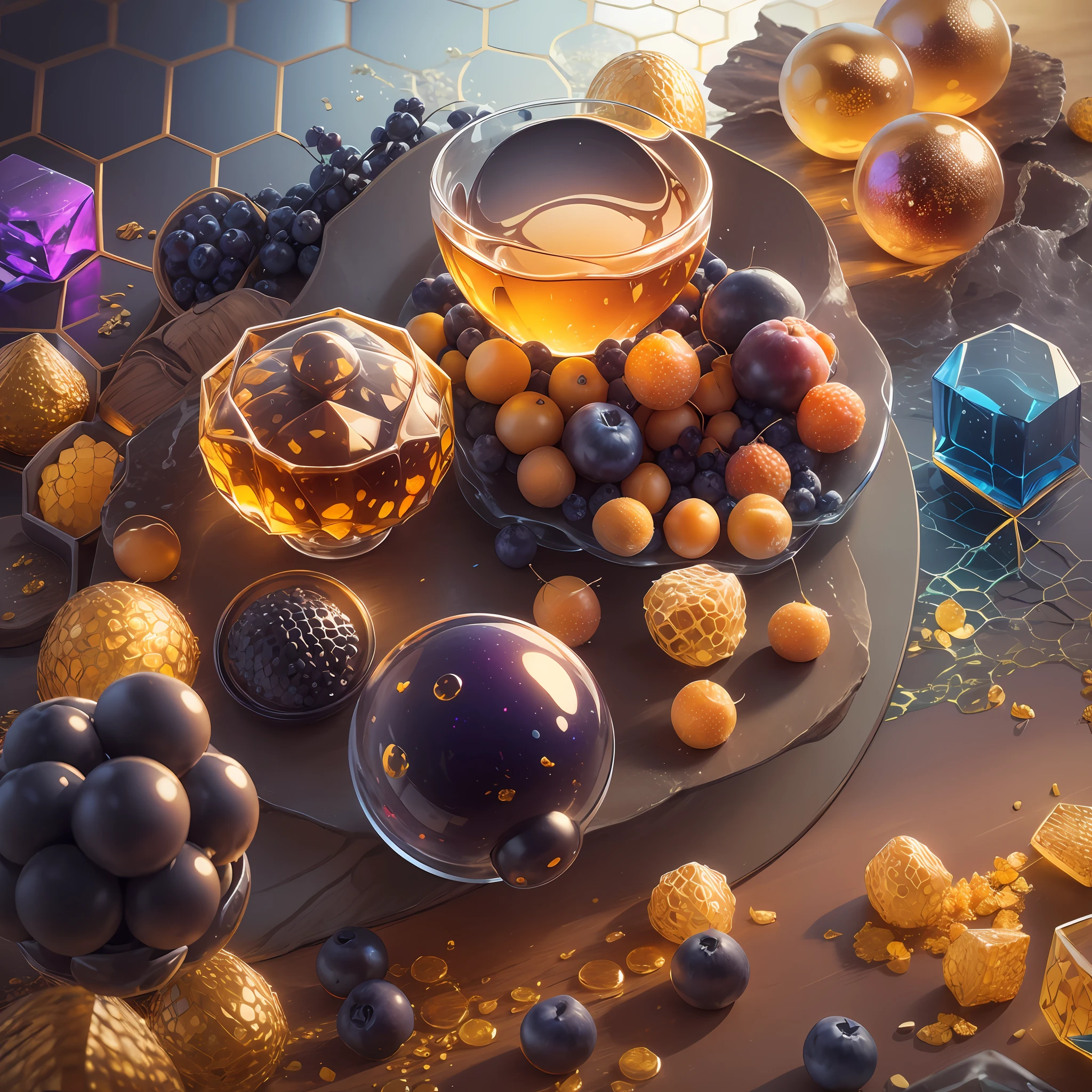 Computer Visualized Graphics, Realistic Fantasy, Extensive Landscape Ultrasound Photography (general view showing a glass glass, honeycombs, honey, honeydew, ice cube, small and large, red and blue berries,), blurred background, colorful, bright, yellow, orange, honey, purple background, pink, warm, magic, "Hyper-realistic textures," "Precise details," "Realistic still life," "Realistic portraits," "Realistic landscapes."