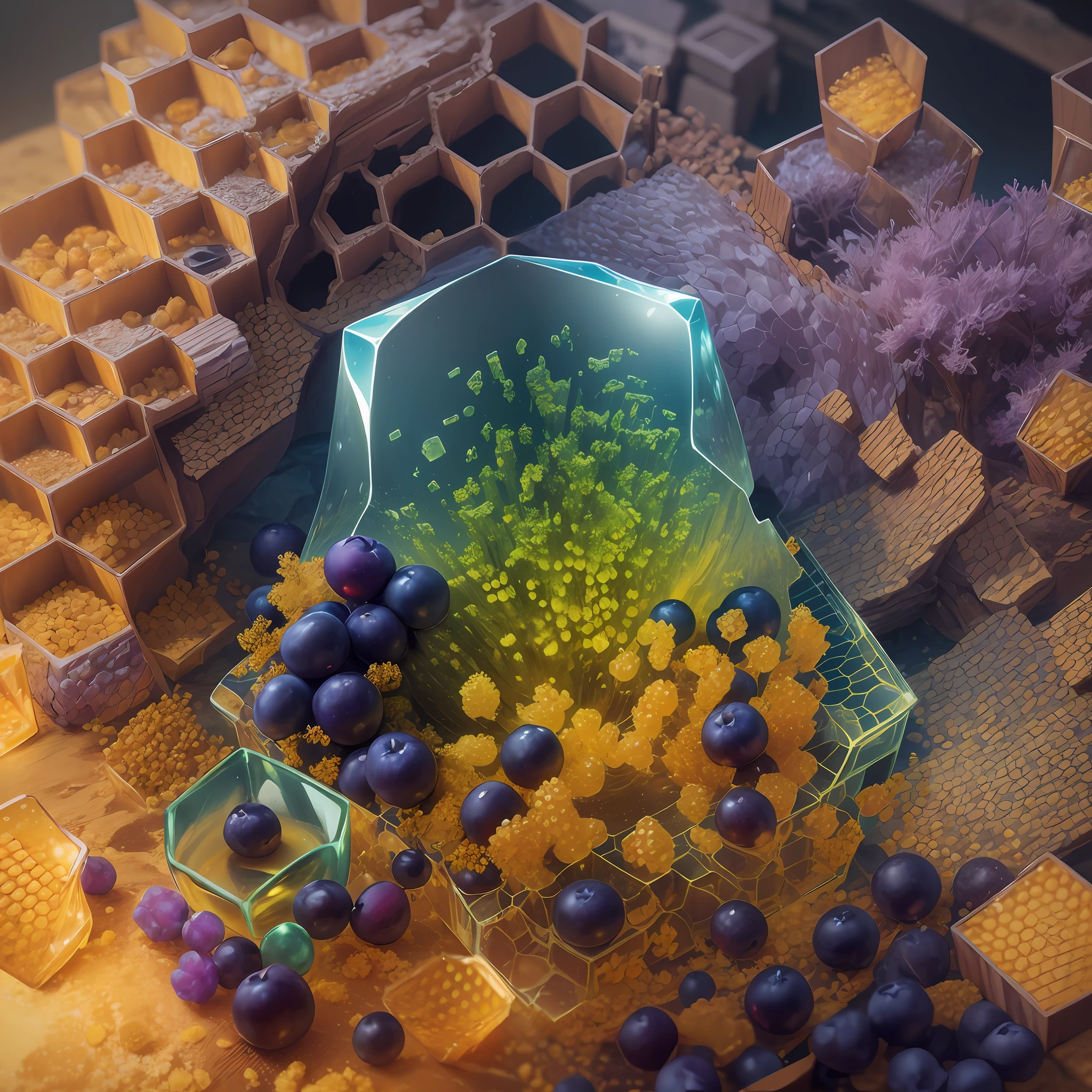 Computer Visualized Graphics, Realistic Fantasy, Extensive Landscape Ultrasound Photography (general view showing a glass glass, honeycombs, honey, honeydew, ice cube, small and large, red and blue berries,), blurred background, colorful, bright, yellow, orange, honey, purple background, pink, warm, magic, "Hyper-realistic textures," "Precise details," "Realistic still life," "Realistic portraits," "Realistic landscapes."