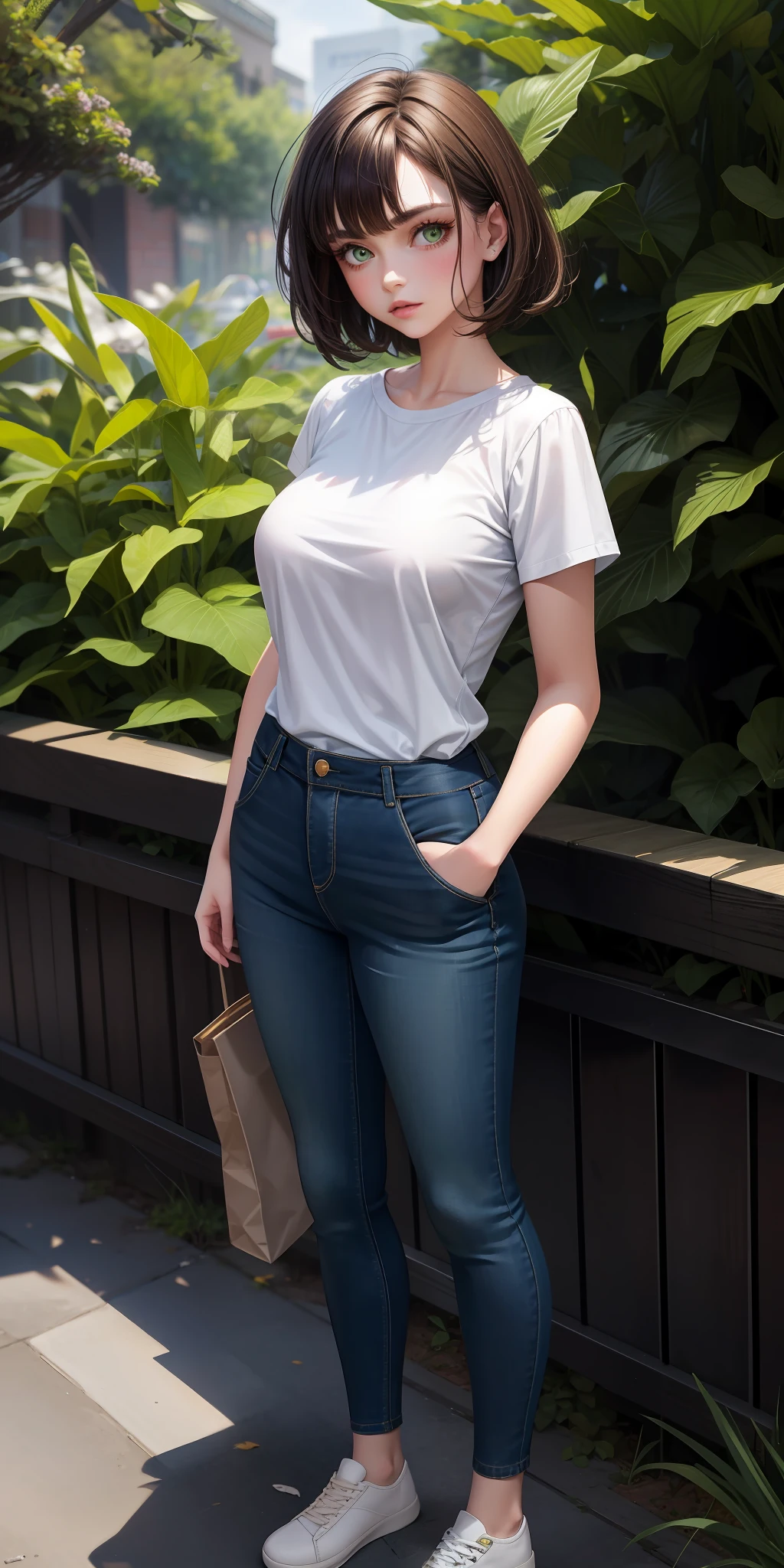1girl, green eyes, full body, very short brown hair, big boobs, white skin, green shirt, jeans, long eyelashes, eyeshadow, small face, big eyes