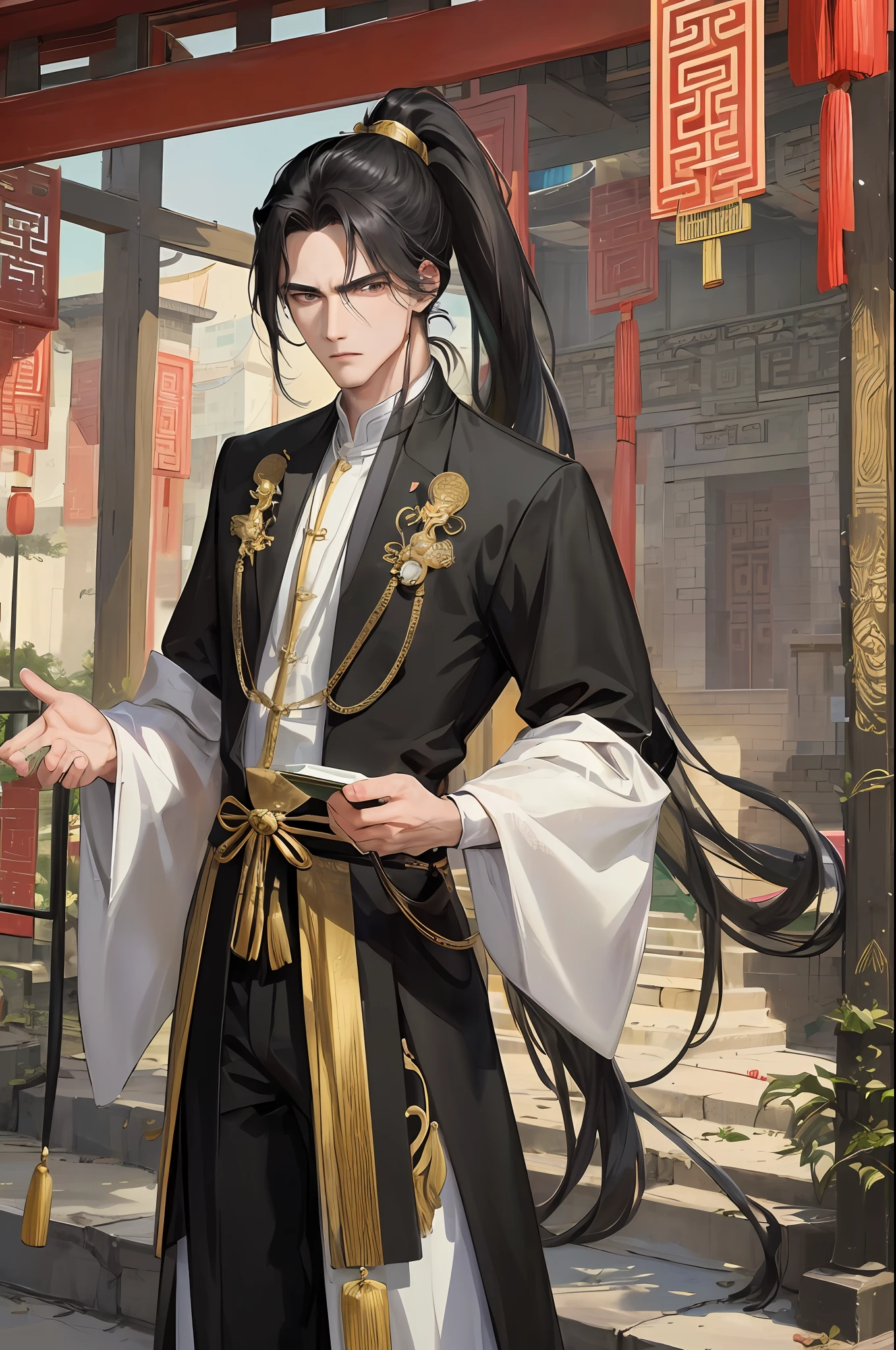 Masterpiece, Excellent, Daytime, 1 person, mature man, Chinese style, ancient Chinese, Chinese court, black hair, black eyes, split hair, long hair, long bangs, high ponytail, handsome, handsome, masculine, serious and gentle, black and gold mixed, courtyard outdoor, rockery