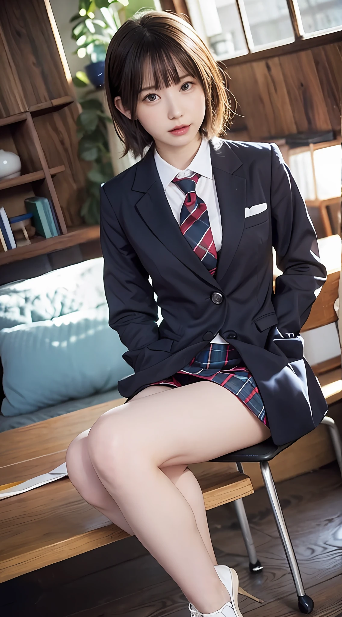 Top Quality, Photorealistic, 8k, High Definition, 1 Girl, Female, (Middle: 1.8), School, Library, Schoolgirl, Blazer, Uniform, Pubic hair visible, No panties, Skirt boldly pulled up, ((Sit on chair and legs wide open)), Bend your knees and open your legs, Slightly shorter hairstyle, Stockings, Grab your knees with your hands and open your legs