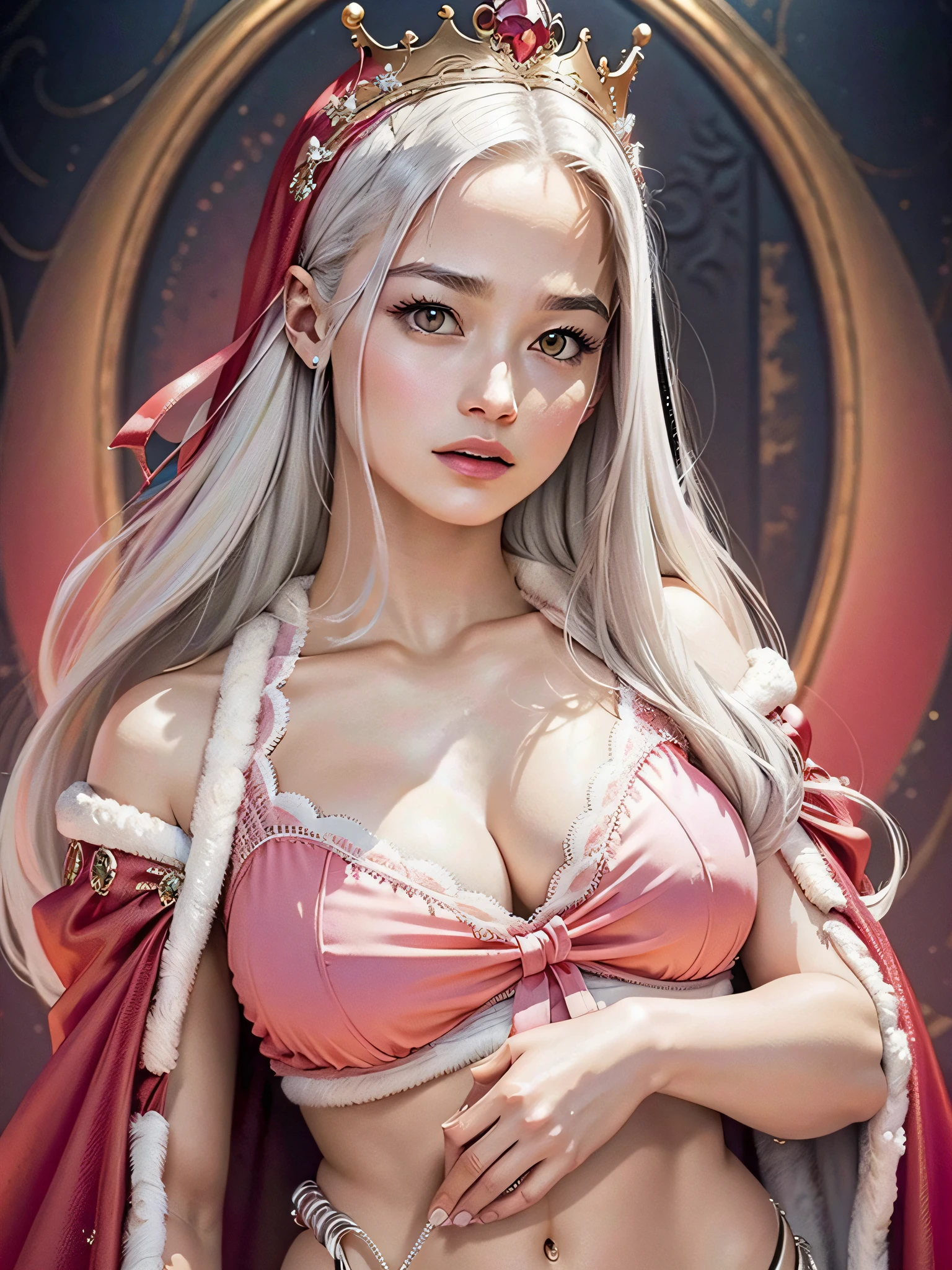 (Masterpiece, Top Quality, Top Quality, Official Art, Beautiful and Aesthetic: 1.2), Ultra-detailed complex 3D rendering of face, various poses, ((Huge breasts: 3.4)), (Exposure: 1.1), pink micro bikini, , Perfect figure: 1.4, Slim abs: 1.1, (1 girl), Fur-lined red cape, Bejeweled crown: 1.2), serious, cleavage, white hair, white skin