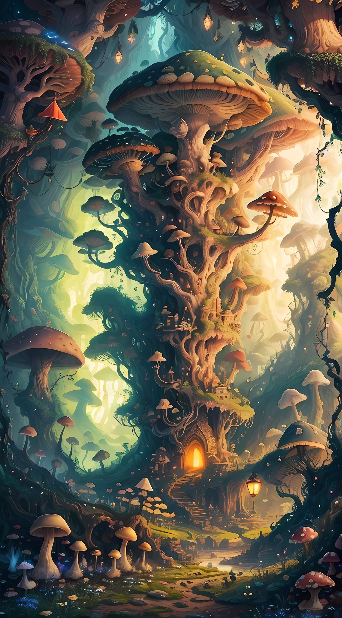 A surreal landscape with giant mushrooms and intricate architecture, bathed in a soft and ethereal light that highlights every intricate detail and adds a dreamlike quality to the scene, There is a cave in the midst of the giant vines that can be explored, with more vines to be discovered.The image is bright with a daytime color palette.