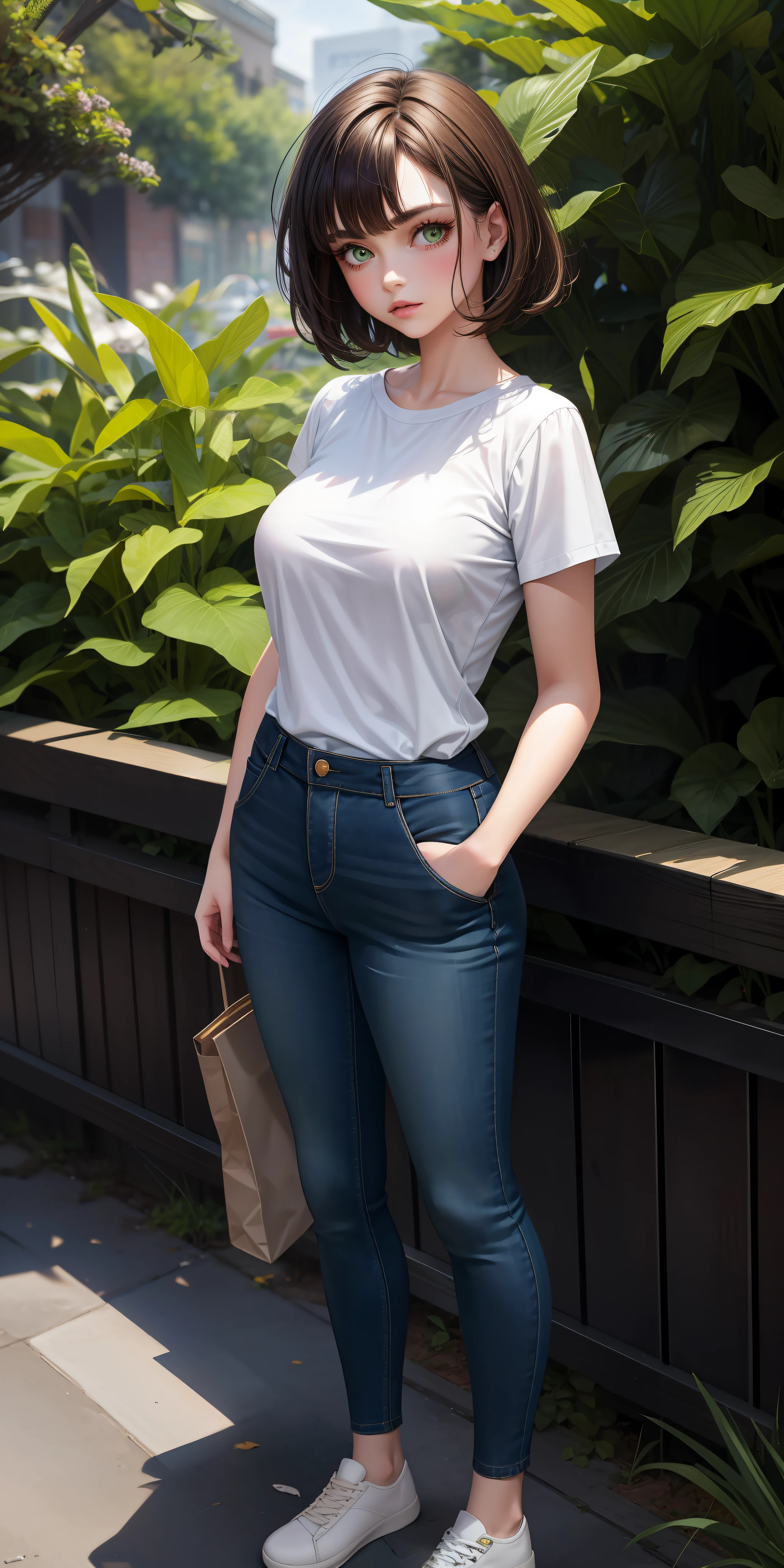 1girl, green eyes, full body, very short brown hair, big boobs, white skin, green shirt, jeans, long eyelashes, eyeshadow, small face, big eyes
