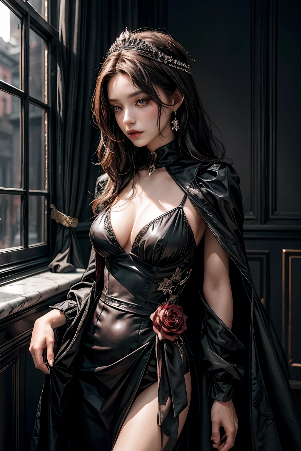 Dark queen, in black suit dress, dark roses, luxurious