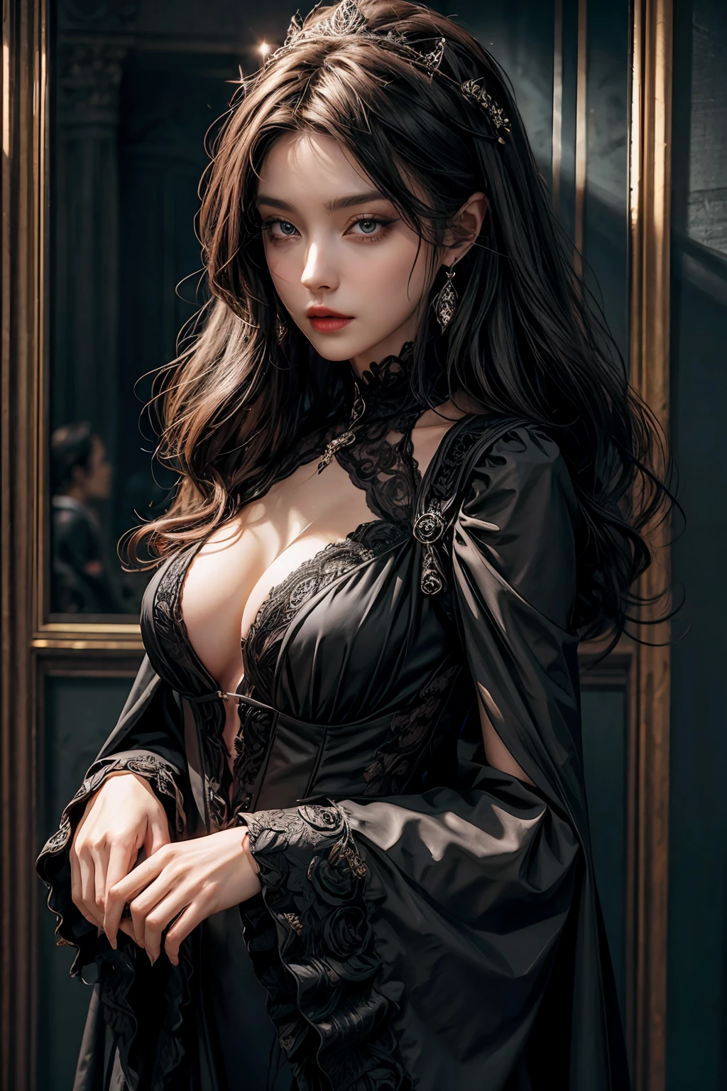 Dark queen, in black suit dress, dark roses, luxurious