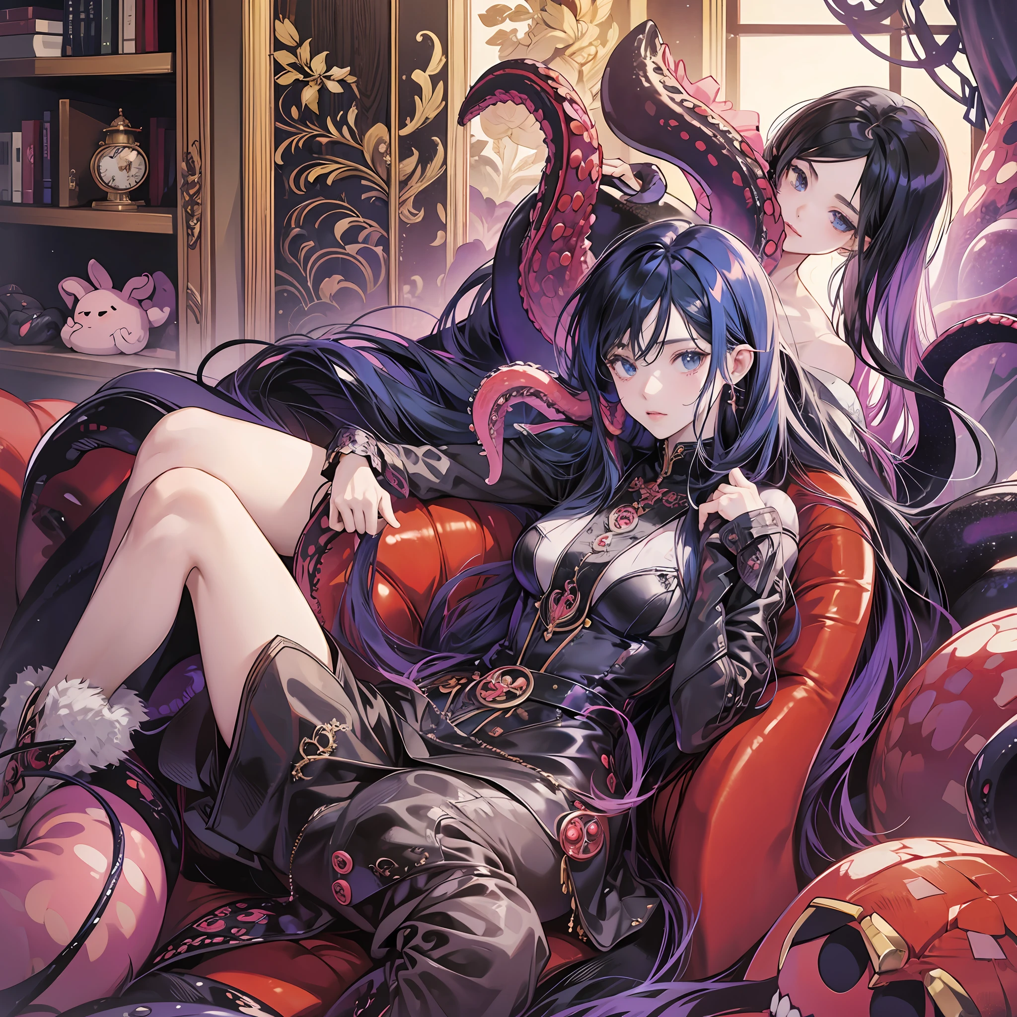 Anime girl sitting on sofa with a bunch of demonic creatures, tentacles around and fine details. Anime. tentacles, anime monster girl, tentacles, demon anime girl, demon beast, seductive anime girl