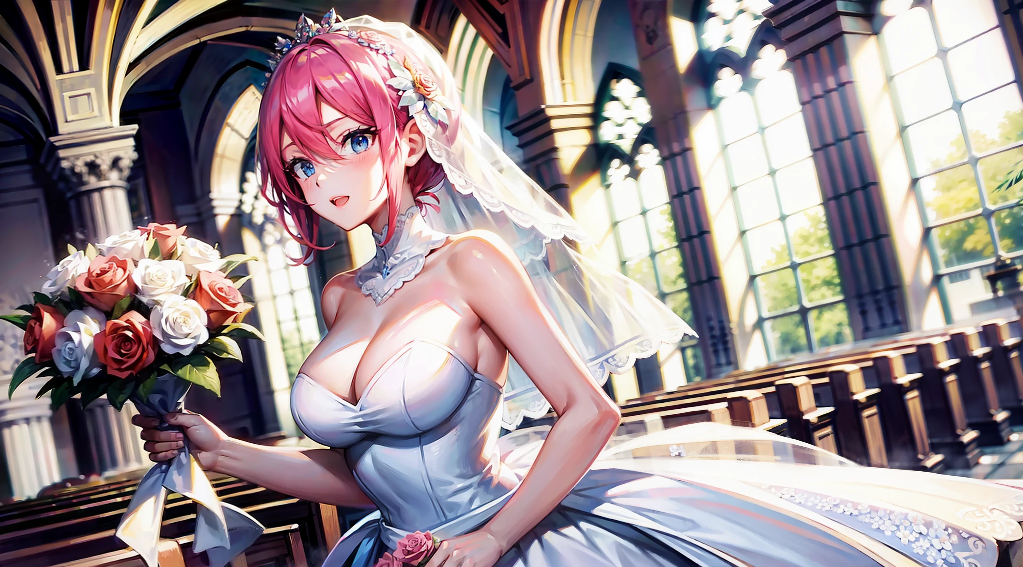 Wedding dress, big breasts, in church, bouquet of flowers in both hands, feathers falling, (upper body), blue eyes, pink hair