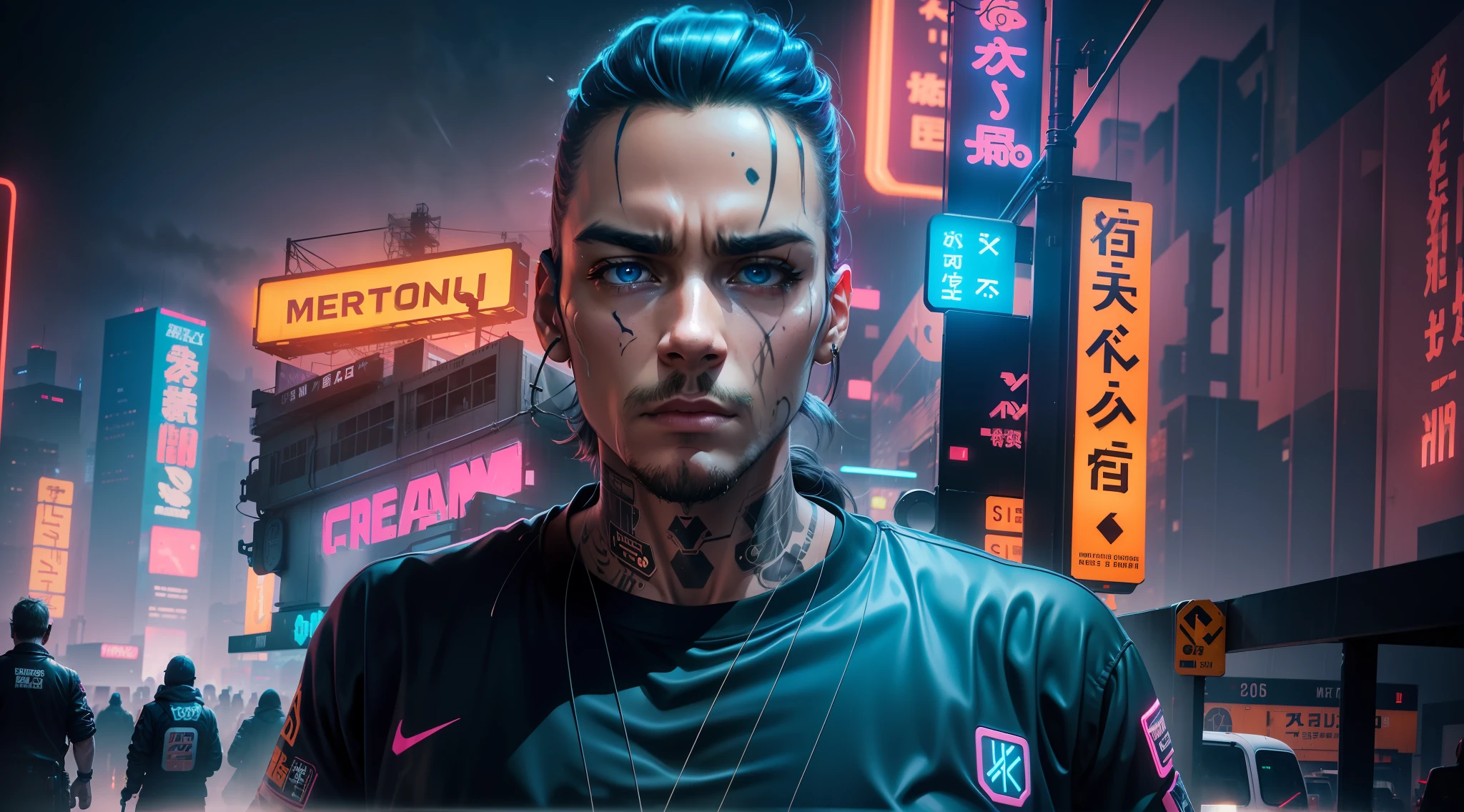 8k, RAW photo, best quality, masterpiece: 1.2), (realistic, photorealistic: 1.37), (solo:1.2), (side:1.2),(sad:1.4), (panorama, two-point perspective: 1.4), aerial shot, (landscape, enclosed place, dark, night, midnight, cyberpunk, roof, rain, graffiti art, reflection, slums, train, motorcycles, metro: 1.2), (neon sign, neon blue, pink neon, yellow neon: 1.4), sci-fi, cinematic, 6d cannon, octane render, medium shot