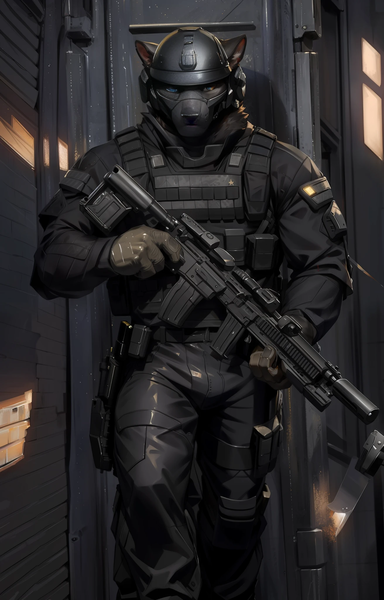 masterpiece, top quality,best quality,front view,male focus,ultra detailed (dog face),detailed and beautiful eyes,(a german shepherd swat), 1boy,kemono:1.2, anthro (german shepherd),solo, cop,swat,policeman,stactical equipments, holding weapon,(ultra realistic sniper rifles|(gunstock), (gunbutt)), (((combat helmet))|(googles)), correct anatomy,perfect hands,male, muscular,swat uniform, black police uniform shirt, (uniform pants) ,brown|black fluffy fur,fluffy ears,muscular anthro,abs injured,red blood on face, muscular male,confident, aged up, hi res, scattered stactical equipment:1.2, hd, extreme detail, detailed background, wet,dark dungeon,blood pool, by Pino Daeni, (by ruaidri), by virtyalfobo,realistic rendering, photography, background,by inessa garmash, greg rutkowski,by pino daeni, ruan jia,
