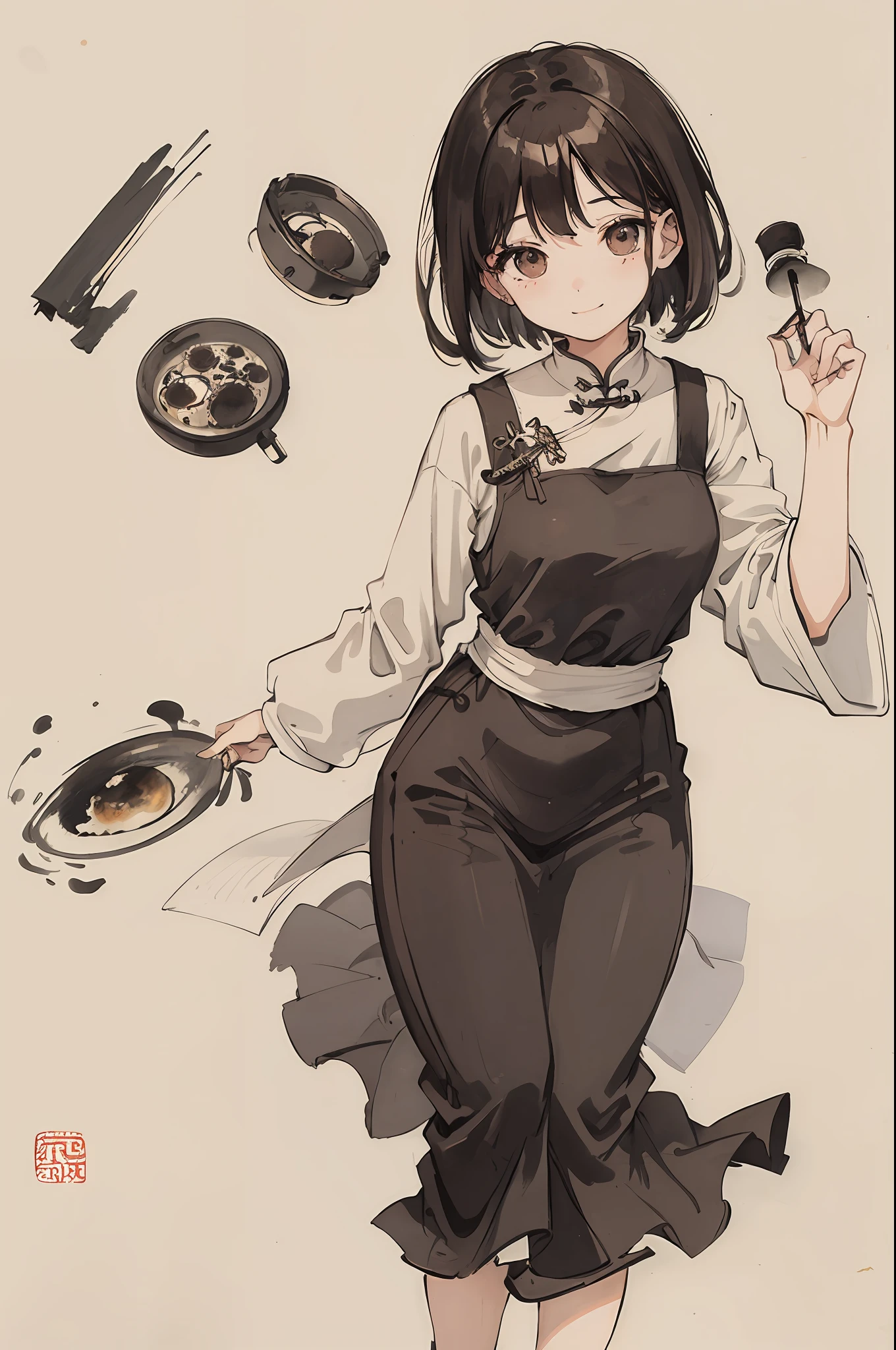(masterpiece, best quality: 1.2), traditional chinese ink painting, short haired girl, brown hair, brown eye, delicate dress, light smile