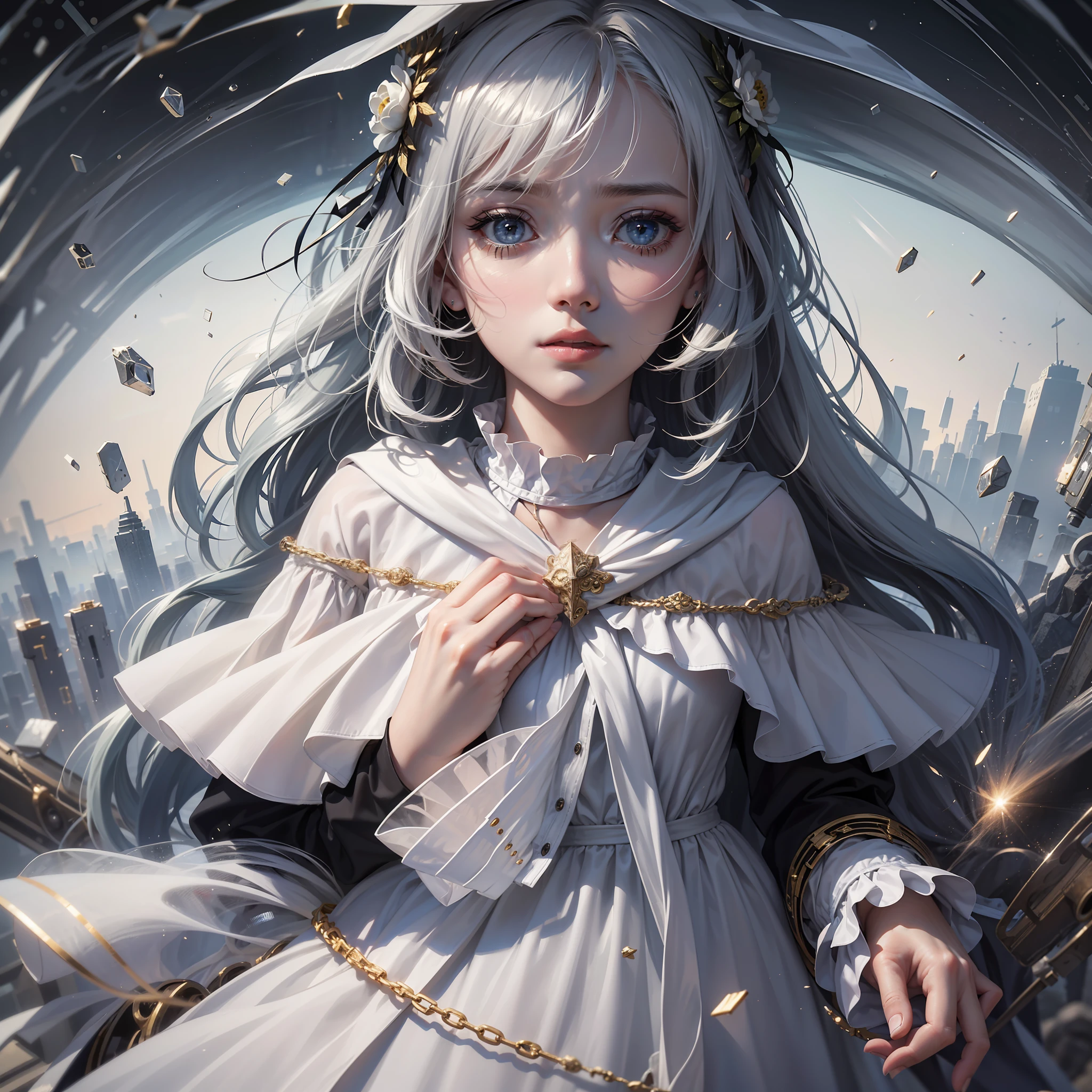 She was lying in a white space, surrounded by some bizarre figures, like numbers and symbols, constantly changing and making some beeping sounds. There are some transparent spheres in the air, which contain some data and information, such as the memory of the system. The light is cold and without any temperature and color. She wore a white dress, her hair scattered on the ground, and her eyes stared blankly at the sky. There was no expression on her face, only a tear slipping from the corner of her eye. Her body didn't seem to have any life, like a broken doll. She looked very distressed, as if she had lost all hope and joy.