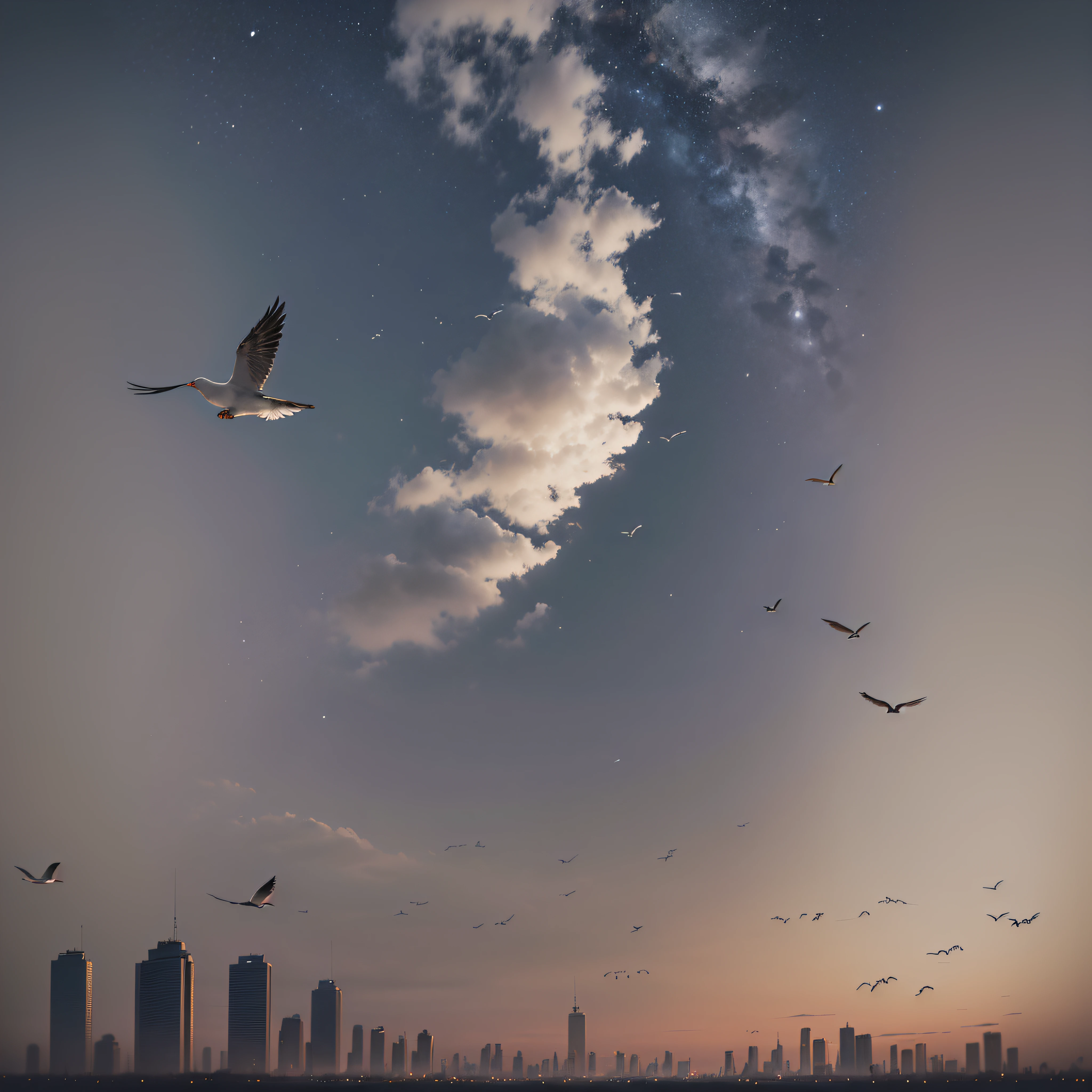 there are a lot of birds flying in the dark sky, flock of birds, birds in flight, birds flying, birds flying away, flying birds, flying birds in distance, birds overhead, flying birds in the distance, fictitious birds fly, birds flying in the distance, seagulls, doves, birds on sky, with a black background, birds in the sky