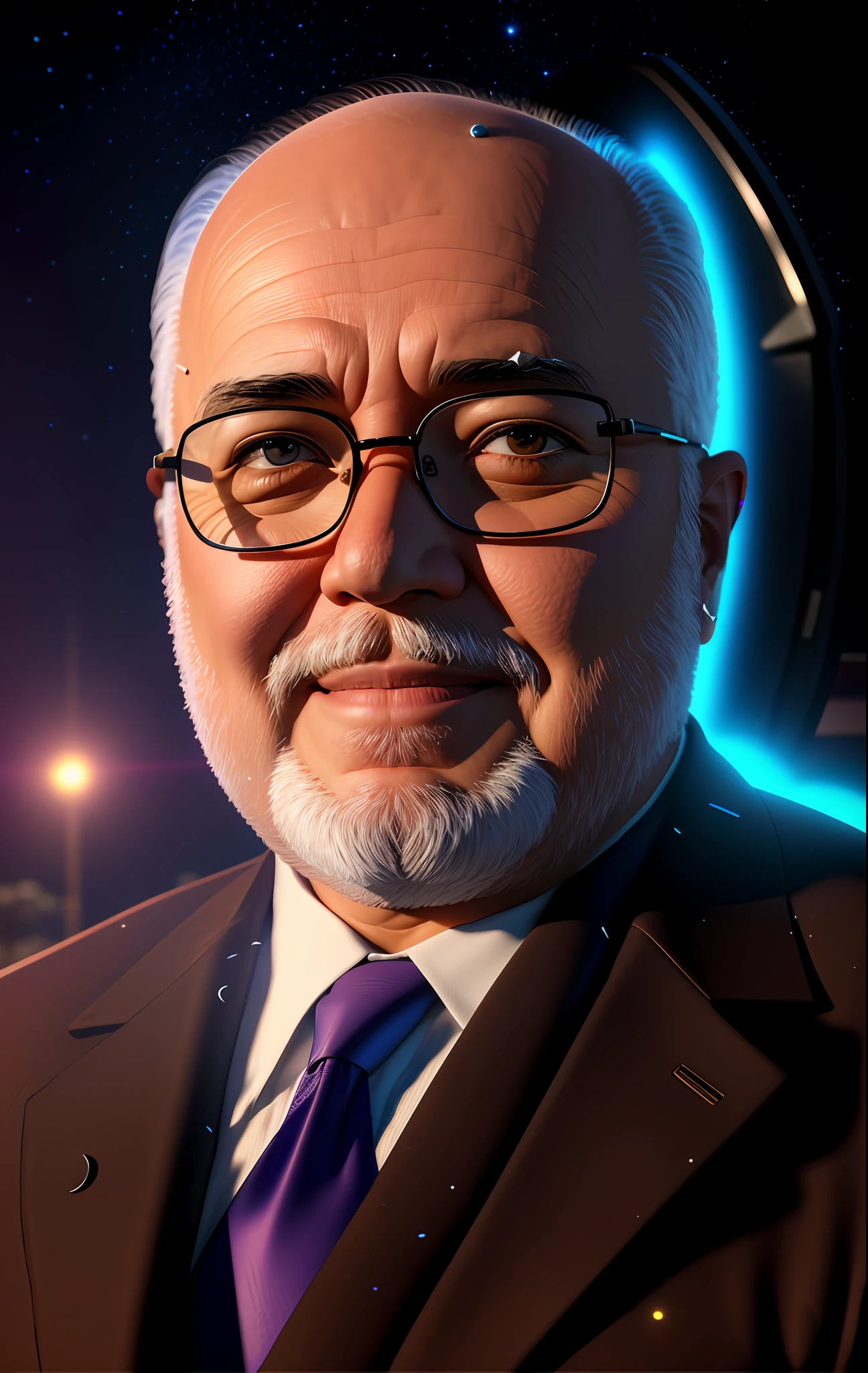 Realistic portrait of cyberpunk grandpa sitting on the moon, bald, fat, natural skin, clear face, ambient lighting, vivid neon colors, super detailed, realistic details, 8k, 3d, octane