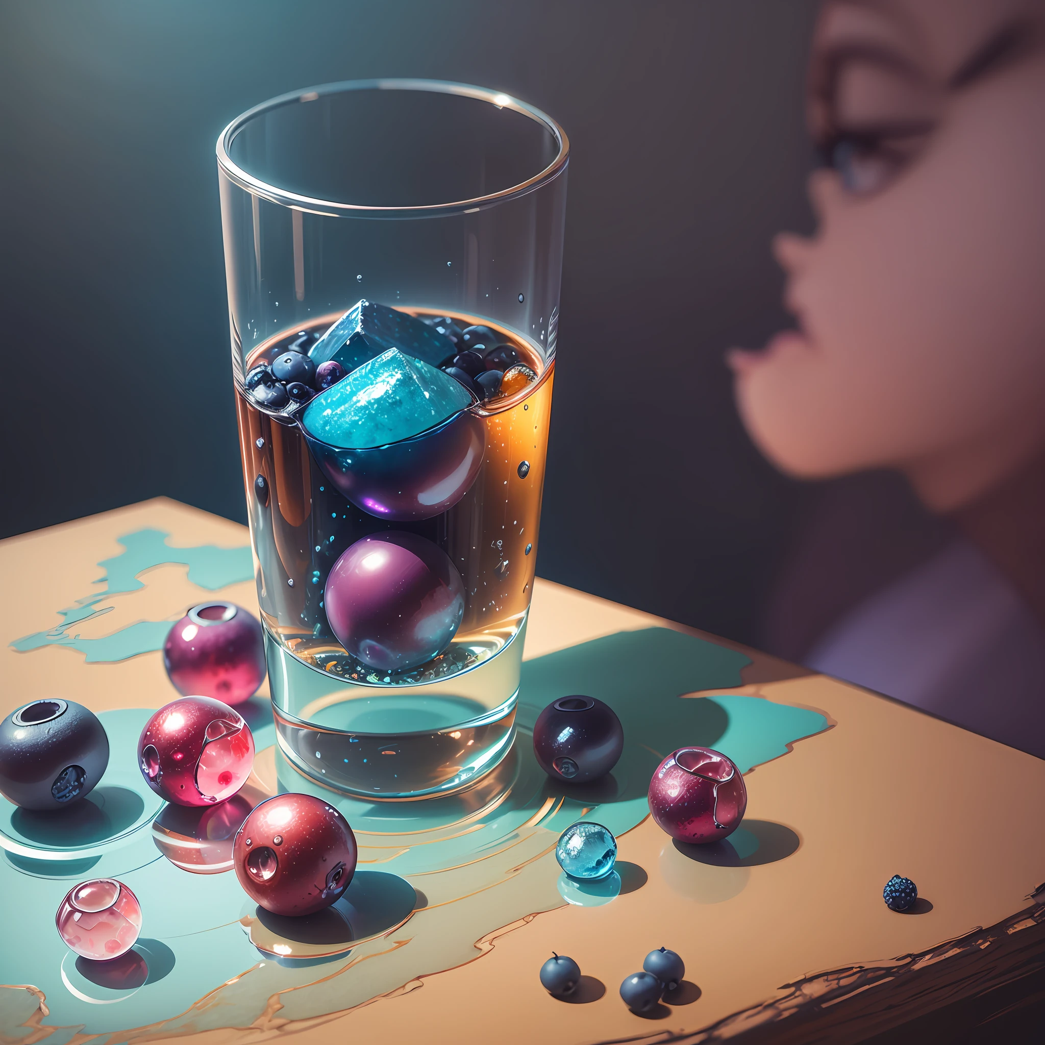 Computer Rendered Graphics, Realistic Fantasy, Extensive Landscape Ultra-Photography (general view showing a glass glass, ice cube, small and large, red and blue berries, dew,), blurred background, gloomy, yellow, green, purple background, pink, warm, magic, "Hyper-realistic textures," "Precise details," "Realistic still life," "Realistic portraits," "Realistic landscapes." --auto --s2