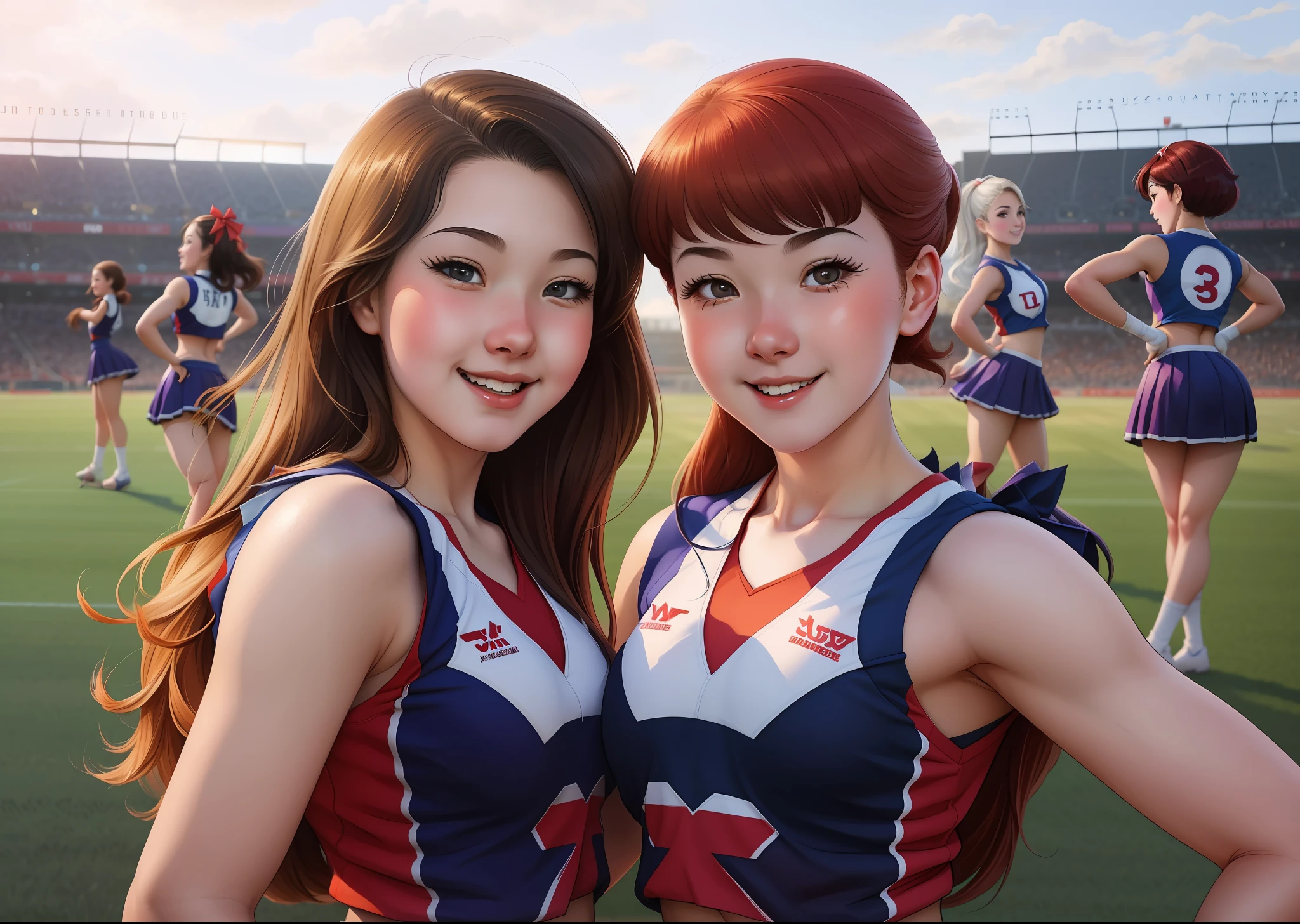two young women in cheerleaders pose for a picture on a field, jazza and rossdraws, rossdraws 2. 5, realistic artstyle, rossdraws 1. 0, rob rey and kentaro miura style, adorable digital painting, rossdraws 2. 0, photorealistic artstyle, artgerm and atey ghailan
