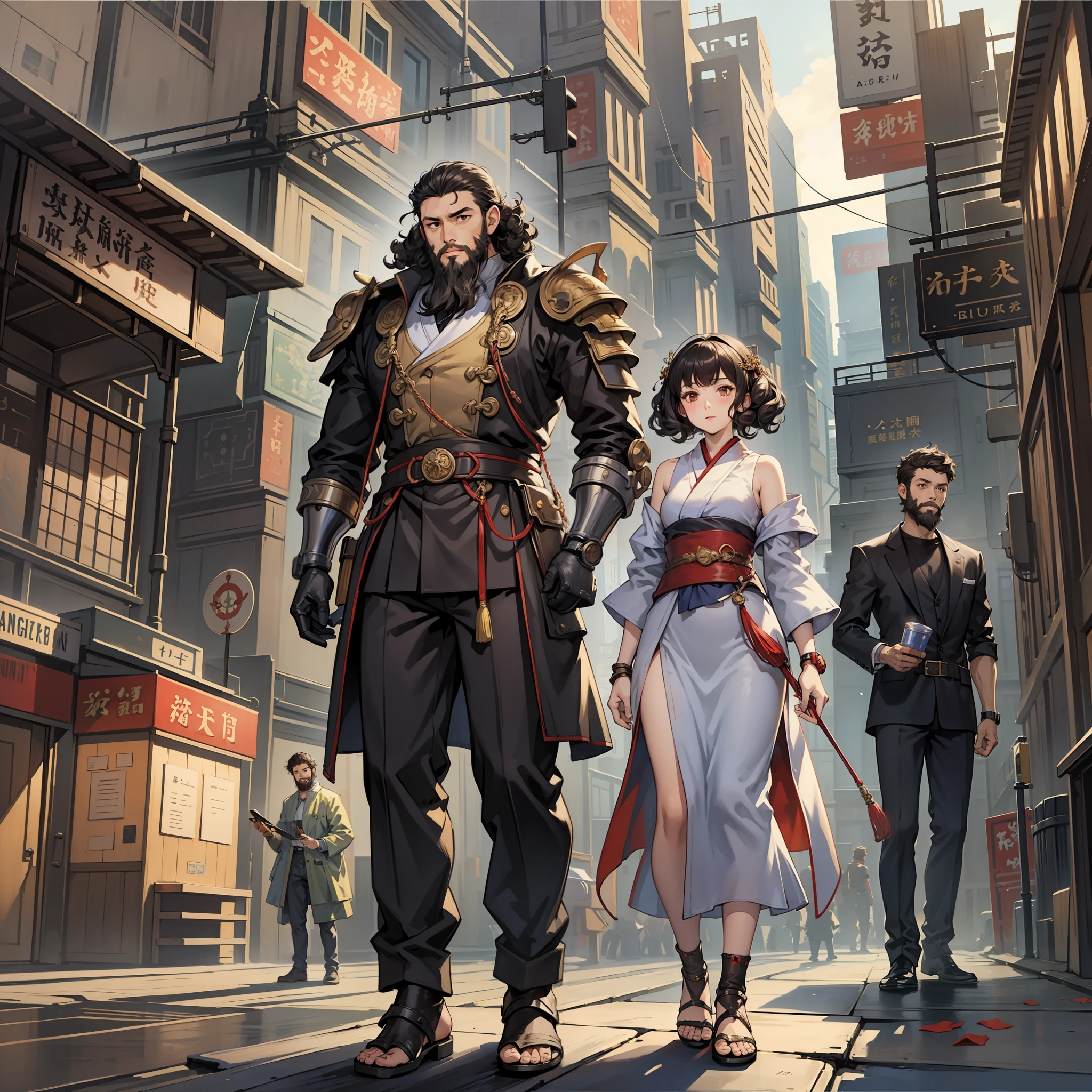 (best quality), oriental detailed background, girlalong with a (couple) tall man, short woman, science fiction, mechanical arms, guro (curly hair girl) (Man with short beard)