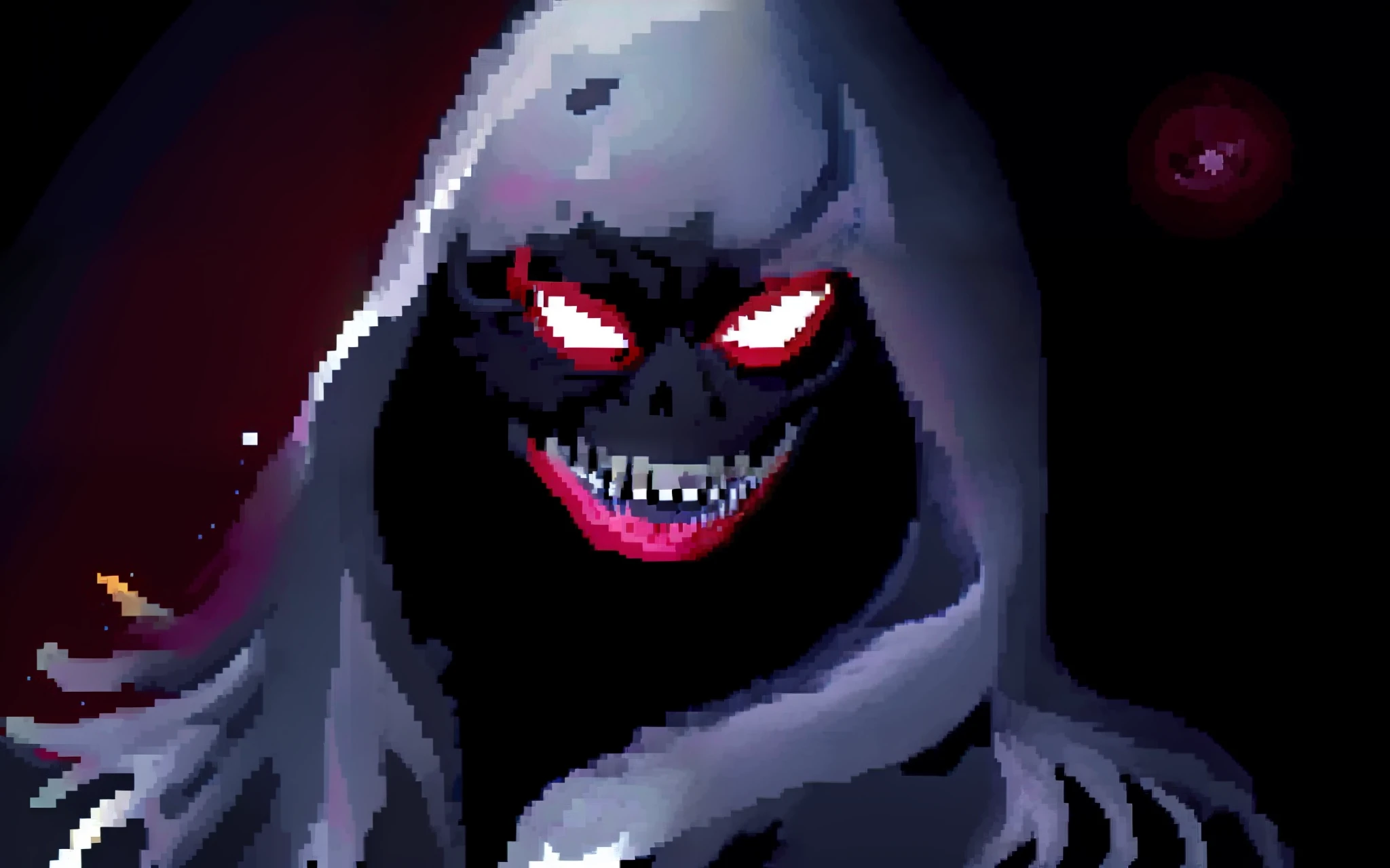 a black and white image of a demonic face with a hood, evil smile and glowing eyes, evil villain grin, evil grin, wide evil grin, reaper of night!!!!, the reaper as a scary, wicked grin, creepy evil smile, grinning sinisterly, evil smile, ghastly, big evil grin, with red glowing eyes, wicked smile