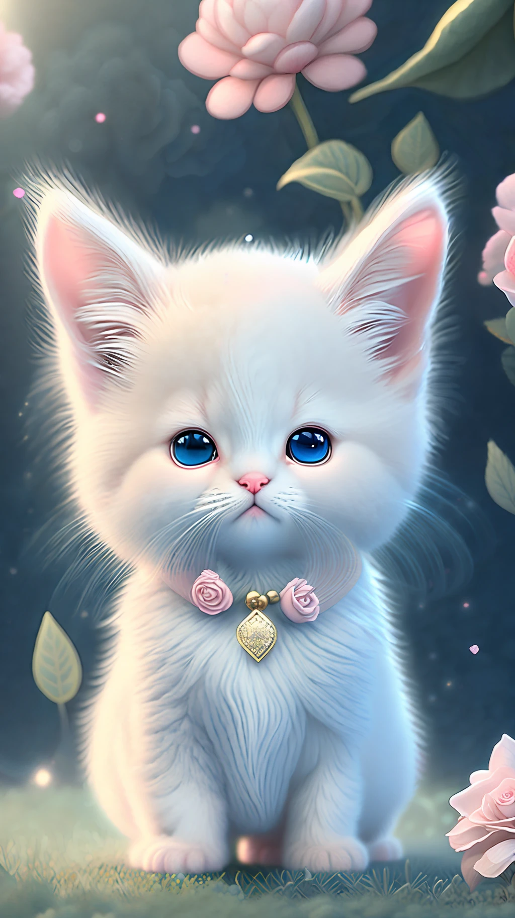 In this ultra-detailed CG art, cute kittens surrounded by ethereal roses, laughter, best quality, high resolution, intricate details, fantasy, cute animals, open mouths, laugh!!