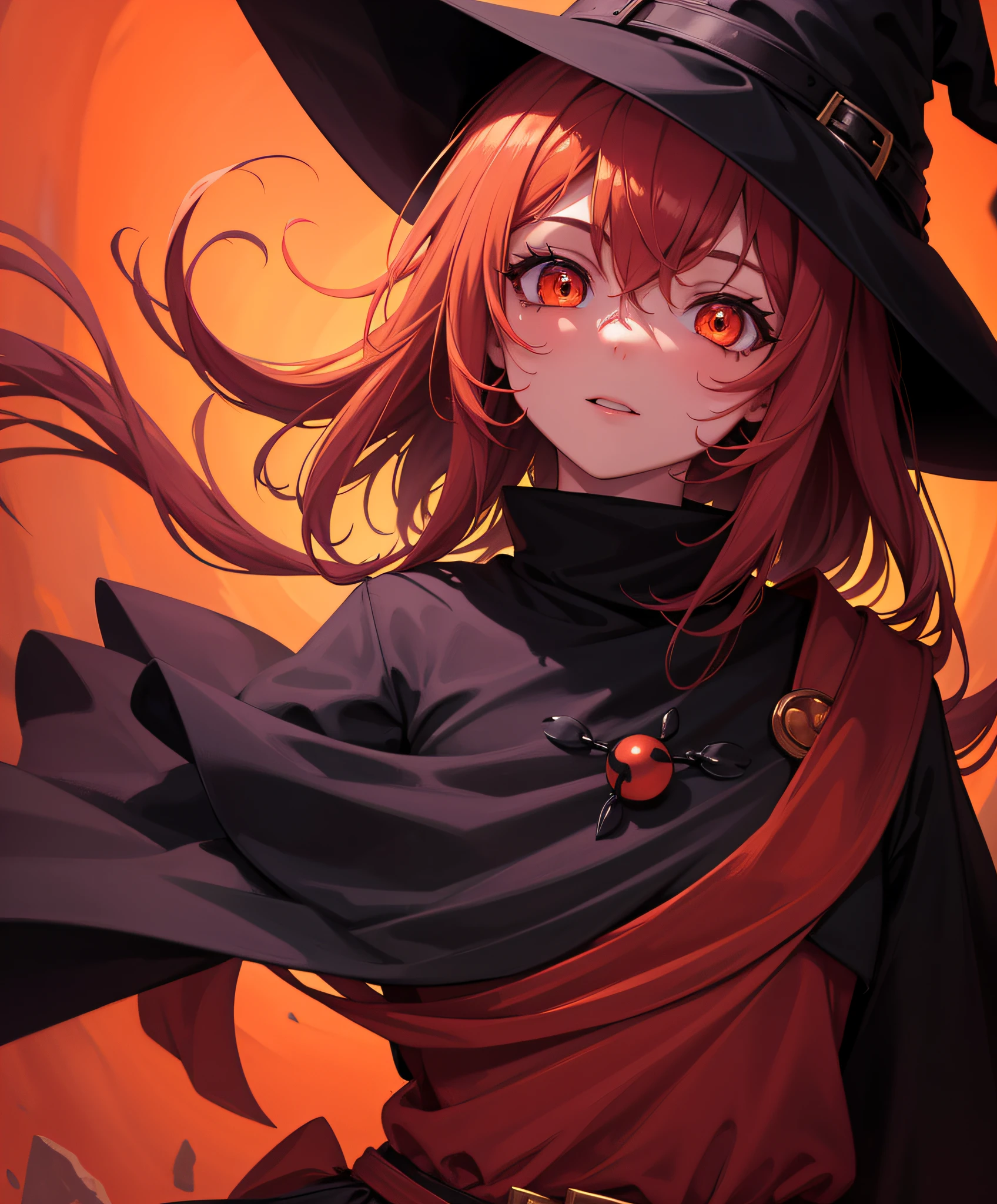 Witch, Cerise colors, witch hat, witch outfit, background is orange with floating black orbs, masterpiece, best quality