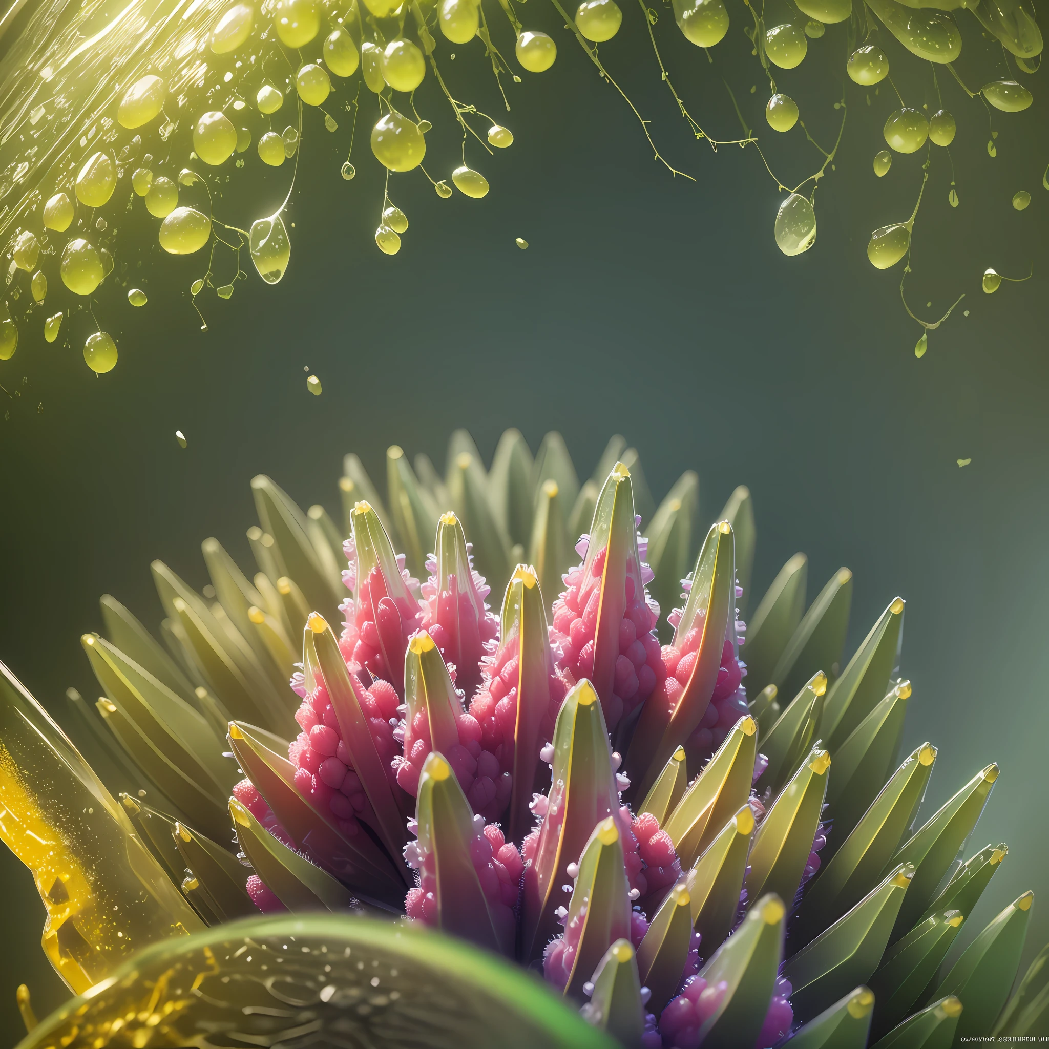Computer Rendered Graphics, Realistic Fantasy, Extensive Landscape Ultrasound Photography (general view showing glass glass, ice cube, berries, dew,), blurred background, gloomy, yellow, green, purple background, pink, warm, magic, "Hyper-realistic textures," "Precise details," "Realistic still life," "Realistic portraits," "Realistic landscapes." --auto --s2