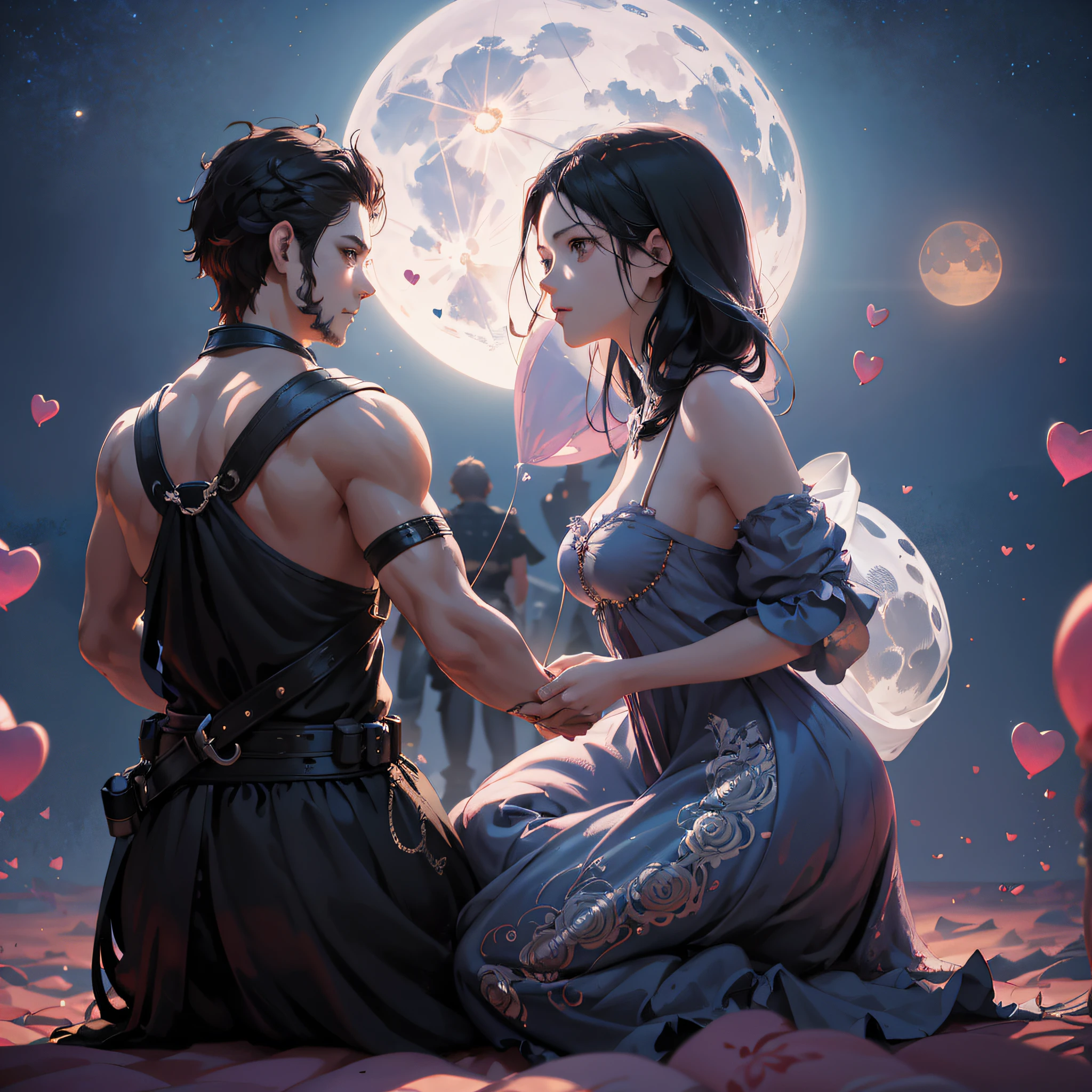 they are sitting on a bed with hearts floating around them, digital fantasy illustration, neoartcore and charlie bowater, official fanart, digital fantasy art ), wlop and ross tran, artwork in the style of guweiz, rob rey and kentarõ miura, realistic fantasy illustration, roberto ferri and ruan jia --auto --s2