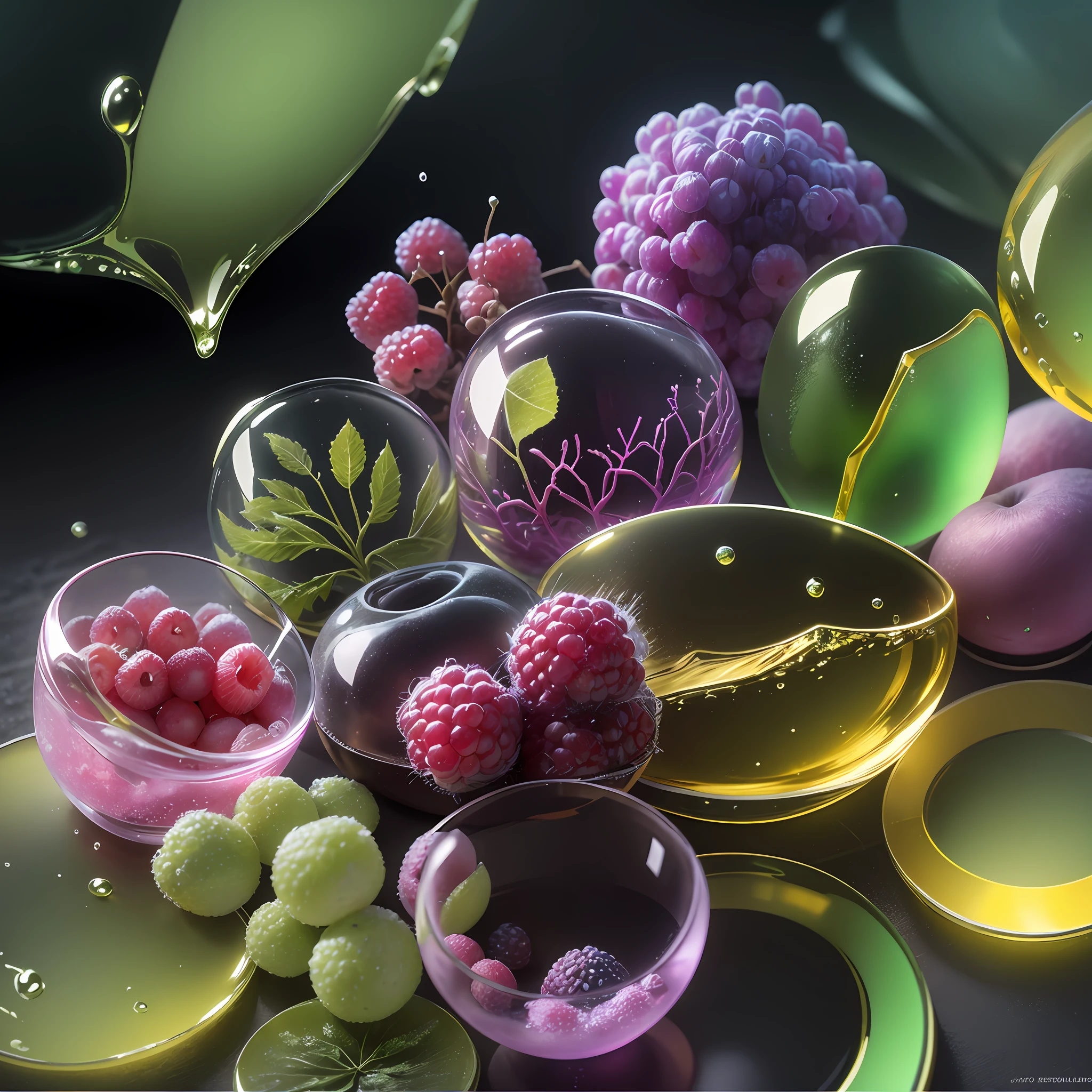 Computer Rendered Graphics, Realistic Fantasy, Extensive Landscape Ultrasound Photography (general view showing glass glass, ice cube, berries, dew,), blurred background, gloomy, yellow, green, purple background, pink, warm, magic, "Hyper-realistic textures," "Precise details," "Realistic still life," "Realistic portraits," "Realistic landscapes." --auto --s2