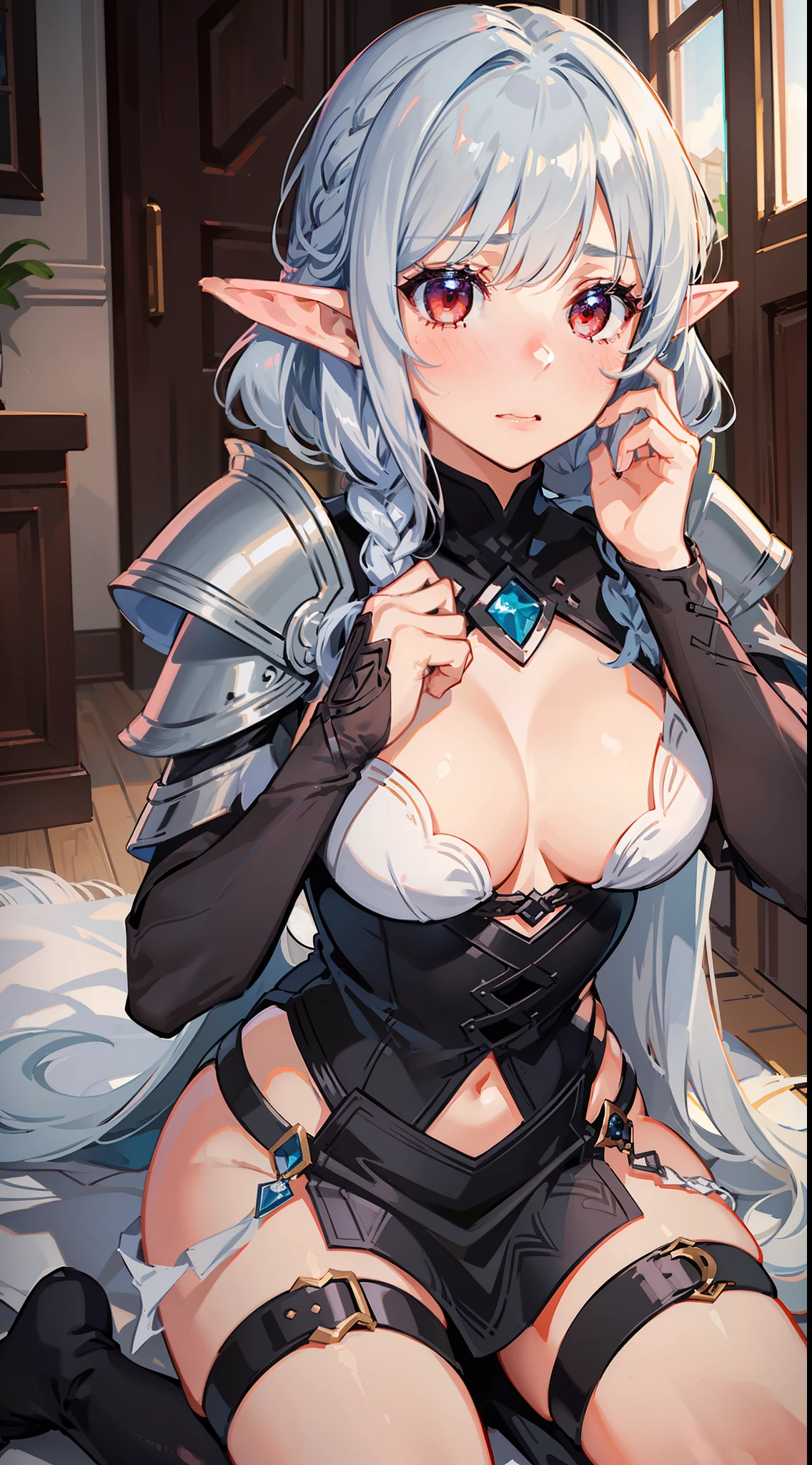 1 girl's full body, elf, silver hair, red eyes, bob cut, braid, ((facing forward)), ((putting both hands on their face)), (surprised), (blush), leather armor, adventurer-style costume, indoors, kneeling, concept art, beautiful anime scenes, beautiful anime scenery, top rated on pixiv, top quality, 4K