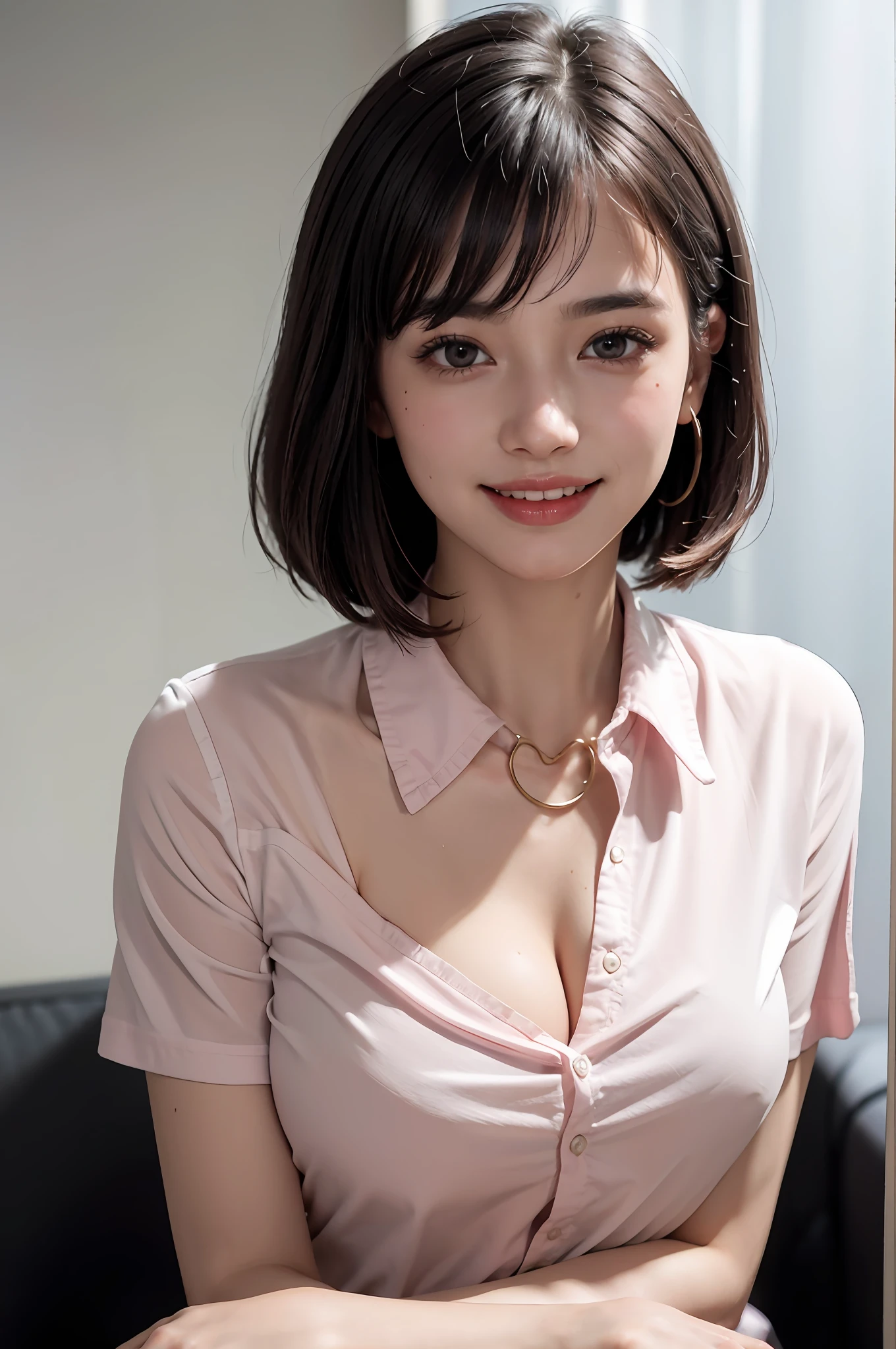 (8k, top quality, masterpiece: 1.2), (realistic, photorealistic: 1.37), super detailed, girl single, cute, solo, sitting, dating, (blush), (smile: 1.15), (closed mouth), big breasts, gaze staring at camera, breast staring at camera, fine beautiful eyes, large round eyes, clear double eyelids, eyelashes, (shirt with collar: 1.1), wet, office clothesNovaFrogStyle, Topless, Bangs, Long neck, Happy smile, Beautiful face, Realistic skin type, Realistic texture, Unbutton, Light pink lip, Really nothing background, Really pure white background, 18 years old, High school student, No shadows on face