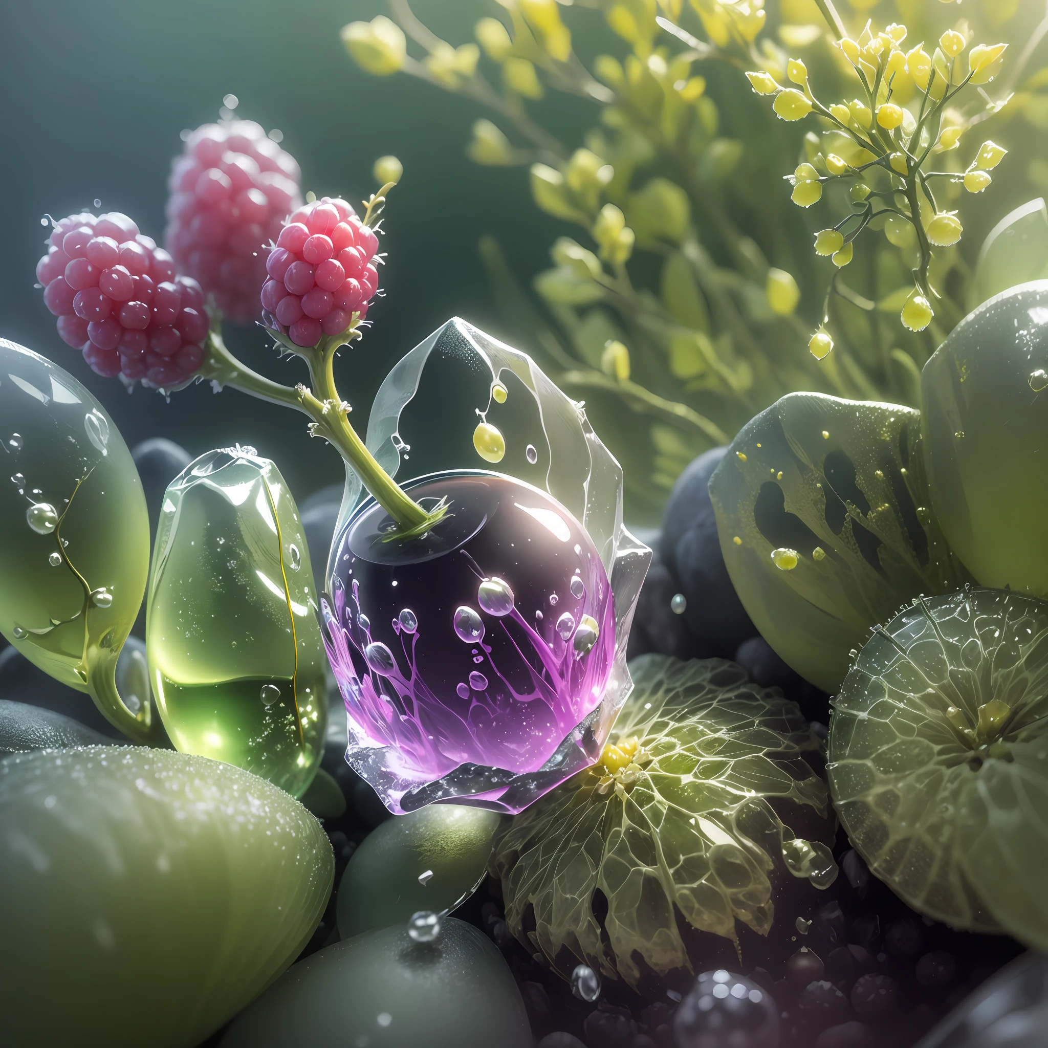 Computer Rendered Graphics, Realistic Fantasy, Extensive Landscape Ultrasound Photography (general view showing glass glass, ice cube, berries, dew,), blurred background, gloomy, yellow, green, purple background, pink, warm, magic, "Hyper-realistic textures," "Precise details," "Realistic still life," "Realistic portraits," "Realistic landscapes." --auto --s2