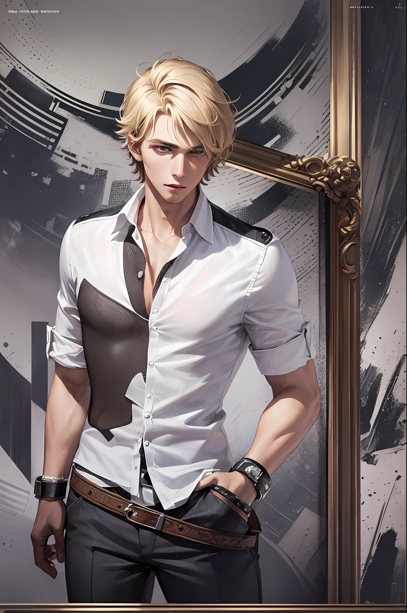 realistic, (irrational, extremely detailed), 1 boy, very young, handsome, blond hair, brown eyes, eyebrows, shadow, white shirt, portrait, magazine:1.3), (style) cover:1.3), fashion, front, backdrop, elements, confident, expression, holding, statement, accessory, monumental, scroll, surrounding, touch, scene, text, cover , attention grabbing, title, style, font, attractive, header, bigger, stand out, modern, trendy, fashion