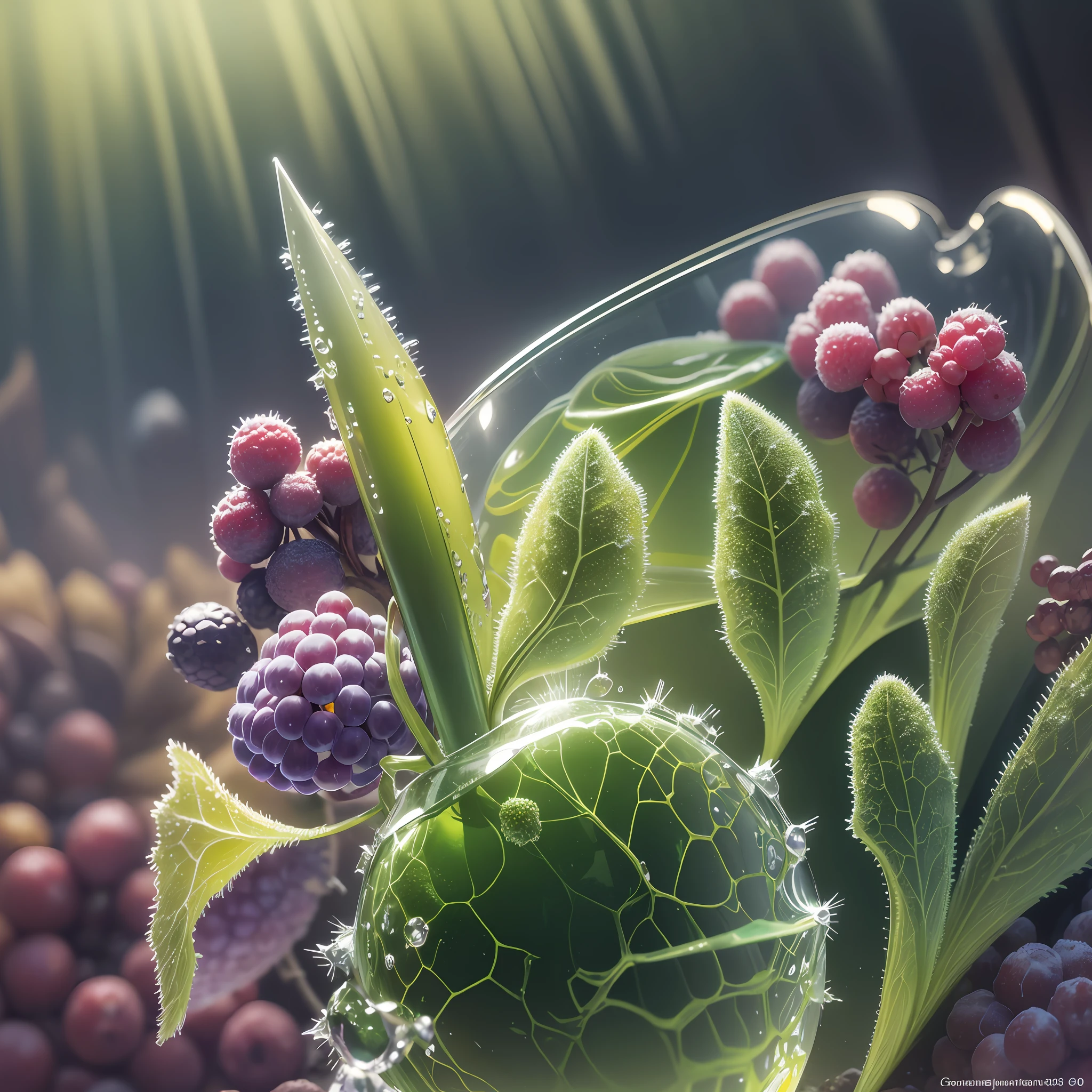 Computer Rendered Graphics, Realistic Fantasy, Extensive Landscape Ultrasound Photography (general view showing glass glass, ice cube, berries, dew,), blurred background, gloomy, yellow, green, purple background, pink, warm, magic, "Hyper-realistic textures," "Precise details," "Realistic still life," "Realistic portraits," "Realistic landscapes." --auto --s2