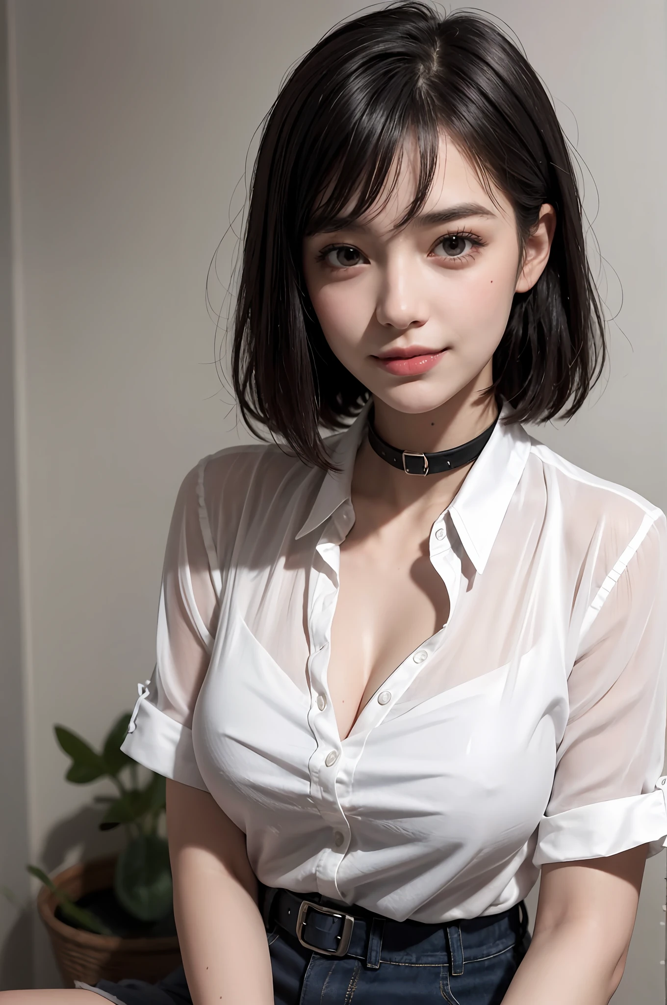 (8k, top quality, masterpiece: 1.2), (realistic, photorealistic: 1.37), super detailed, girl single, cute, solo, sitting, dating, (blush), (smile: 1.15), (closed mouth), big breasts, gaze staring at camera, breast staring at camera, fine beautiful eyes, large round eyes, clear double eyelids, eyelashes, (shirt with collar: 1.1), wet, office clothesNovaFrogStyle, white lace, (short hair: 1.2), floating hairNovaFrogStyle, topless, bangs, long neck, happy smile, mouth closed, pretty face, realistic skin tone, realistic texture, unbutton, light pink lip, really nothing background, really pure white background, 18 years old, high school student, no shadows on face