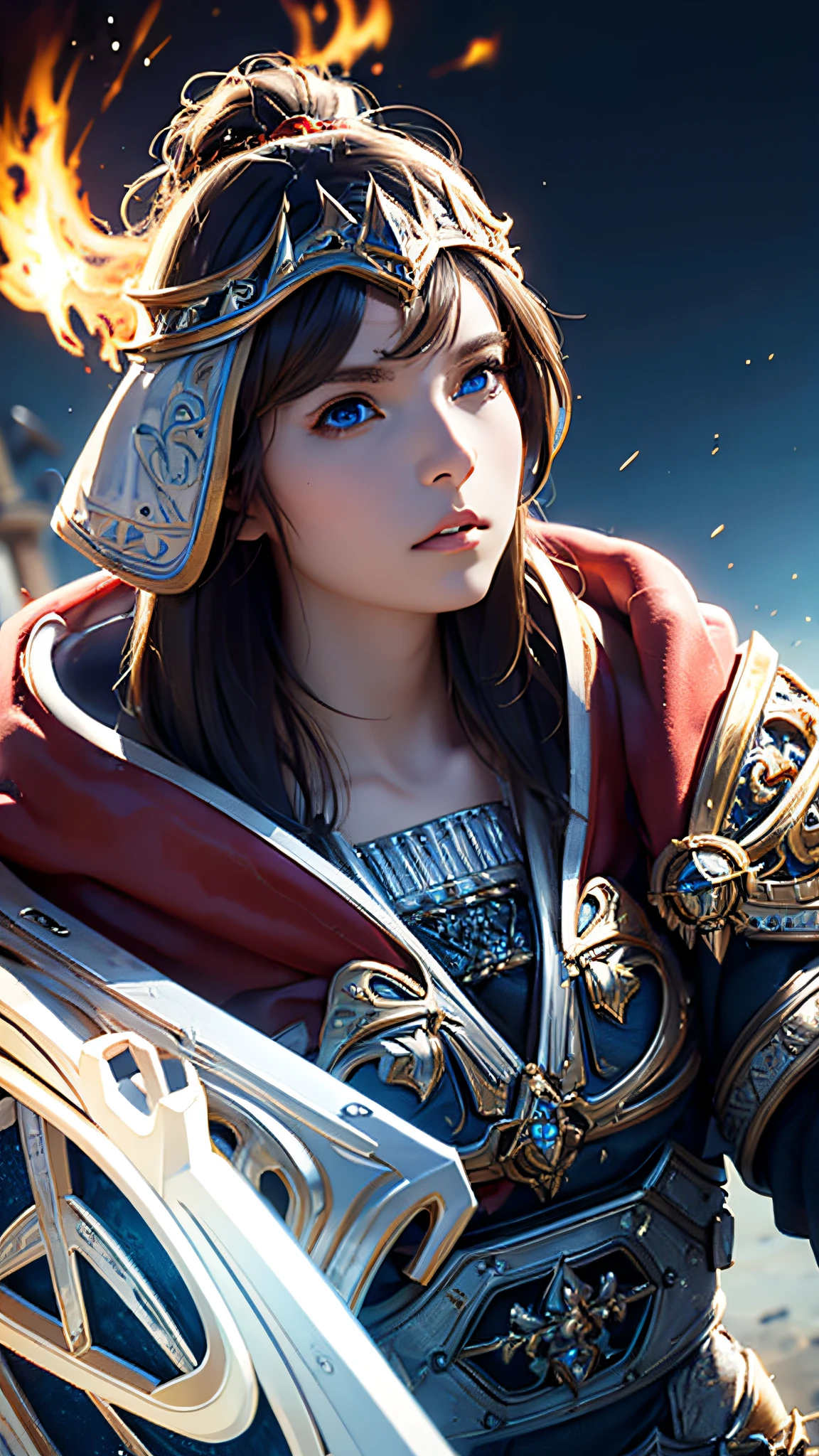 Official Art, Unity 8k Wallpaper, Ultra Detail, Masterpiece, Best Quality, One Woman, (Very Detail), Dynamic Angle, Mystical Expression, Fire Glowing Effect, Fantasy Background, Rim Lighting, Side Light, Cinematic Light, Ultra High Definition, 8k UHD, Film Grain,Best Shadow, Delicate, RAW, Light Particles, Detailed Skin Texture, Detailed Armor Texture,Cleavage, Detailed Face, intricate detail, ultra-detailed, bright, strong, white armor, holding a weapon, holding a shield, pole dron, (((brunette hair)), very shining blue eyes, long red cloak, fantasy, (realistic),