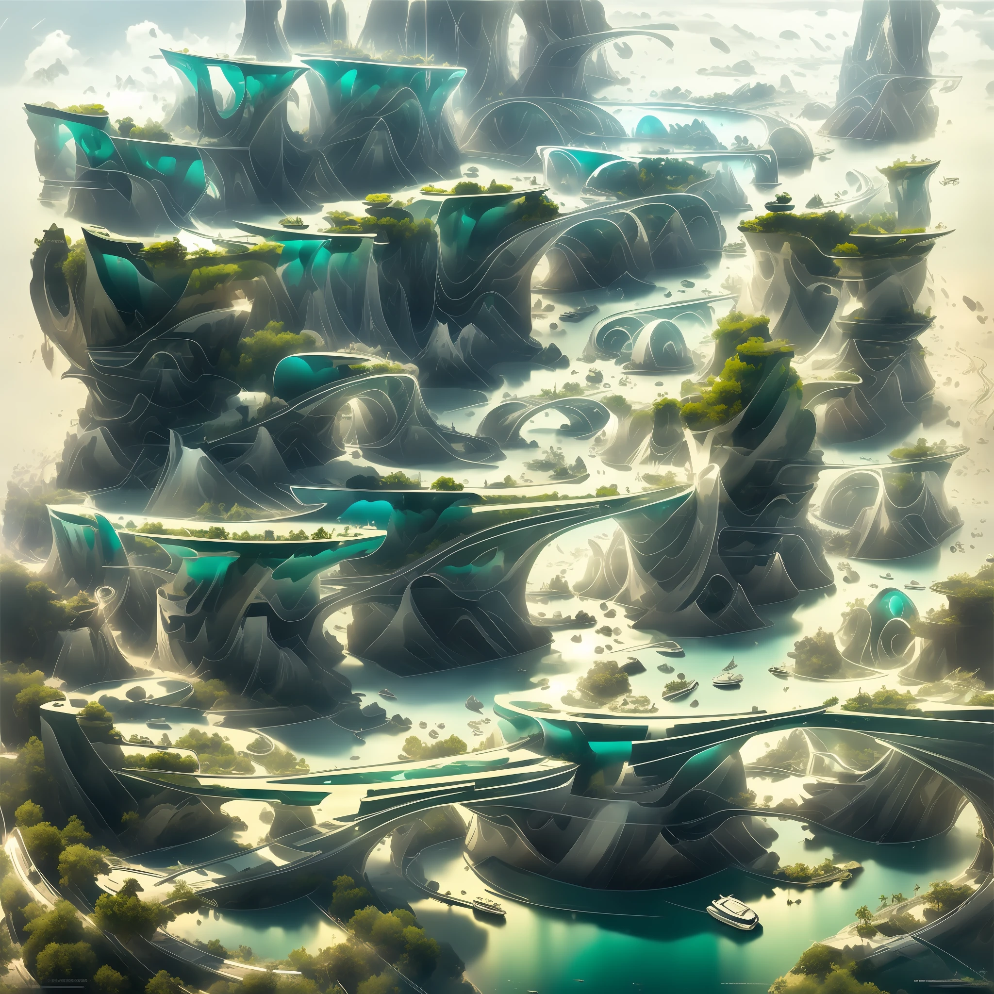 Airbrush drawing --v 5.1 style Futuristic design of an awesome sunny day environment concept art on a futuristic terrain with huge waterfalls,streams, mangroves,nature architecture, proportional,detailed,bright clouds, nature meets futuristic architecture by Santiago Calatrava and Vincent Callebaut with futuristic development, high rise made up staircases, balconies, full of composite glass facades, residential spaces carved from cliff side ,trending on artstation, beautiful lighting,In the style , fantasy, intricate, award winning, 4k, highest quality